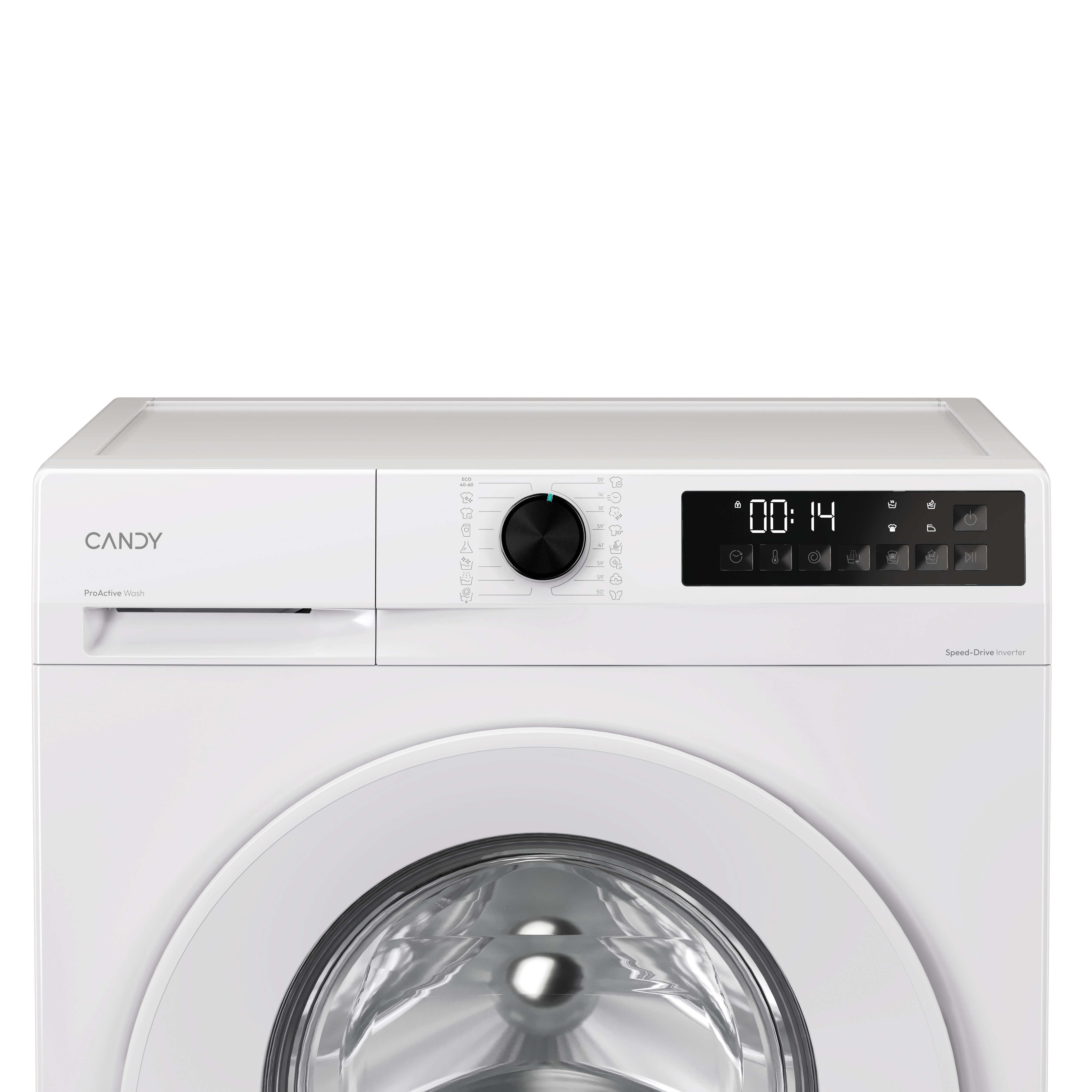 Vista frontal de lavadora Candy blanca. Tiene una pantalla digital que muestra '00:14'.