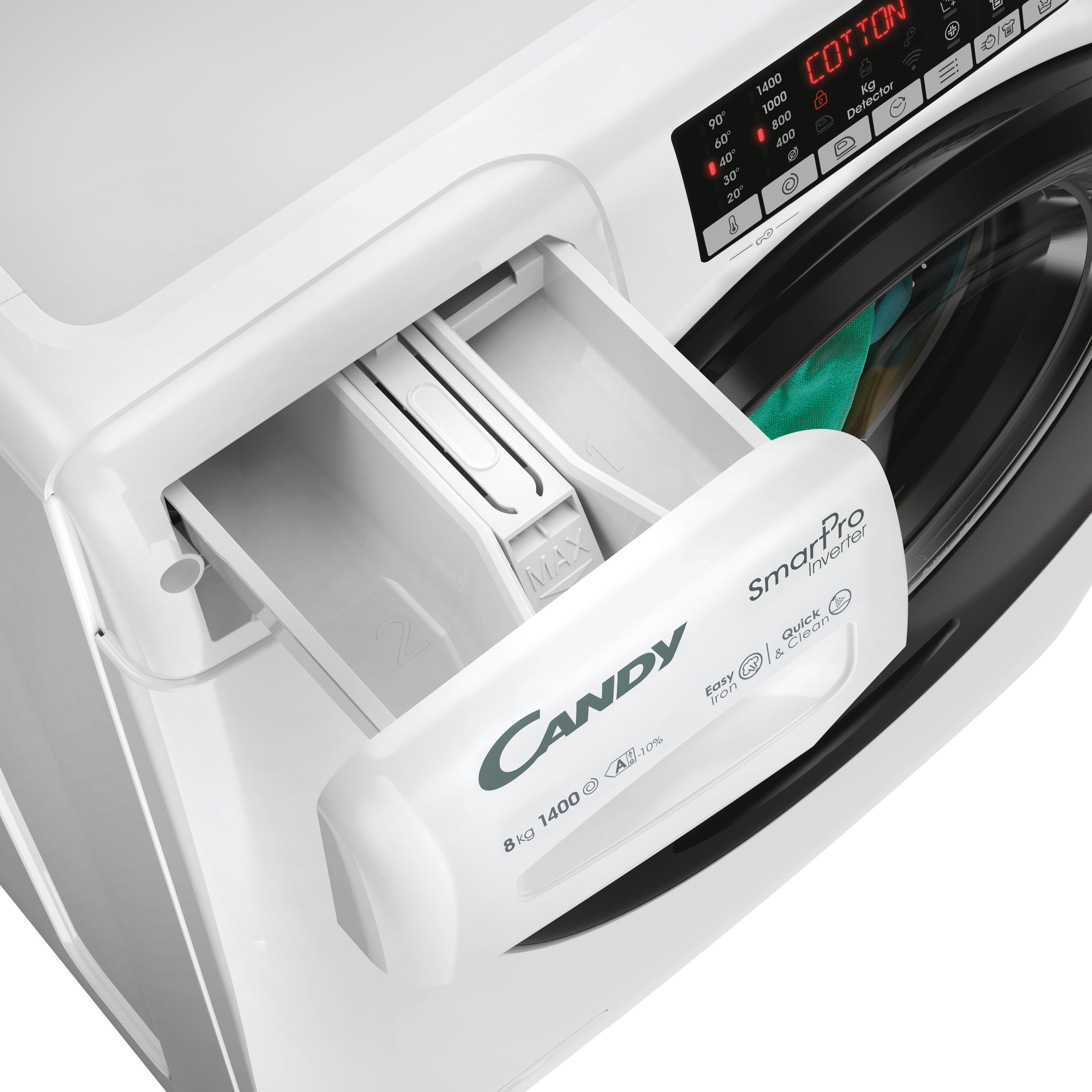 Zbliżenie białej pralki, pokazujące otwartą szufladę na detergent.