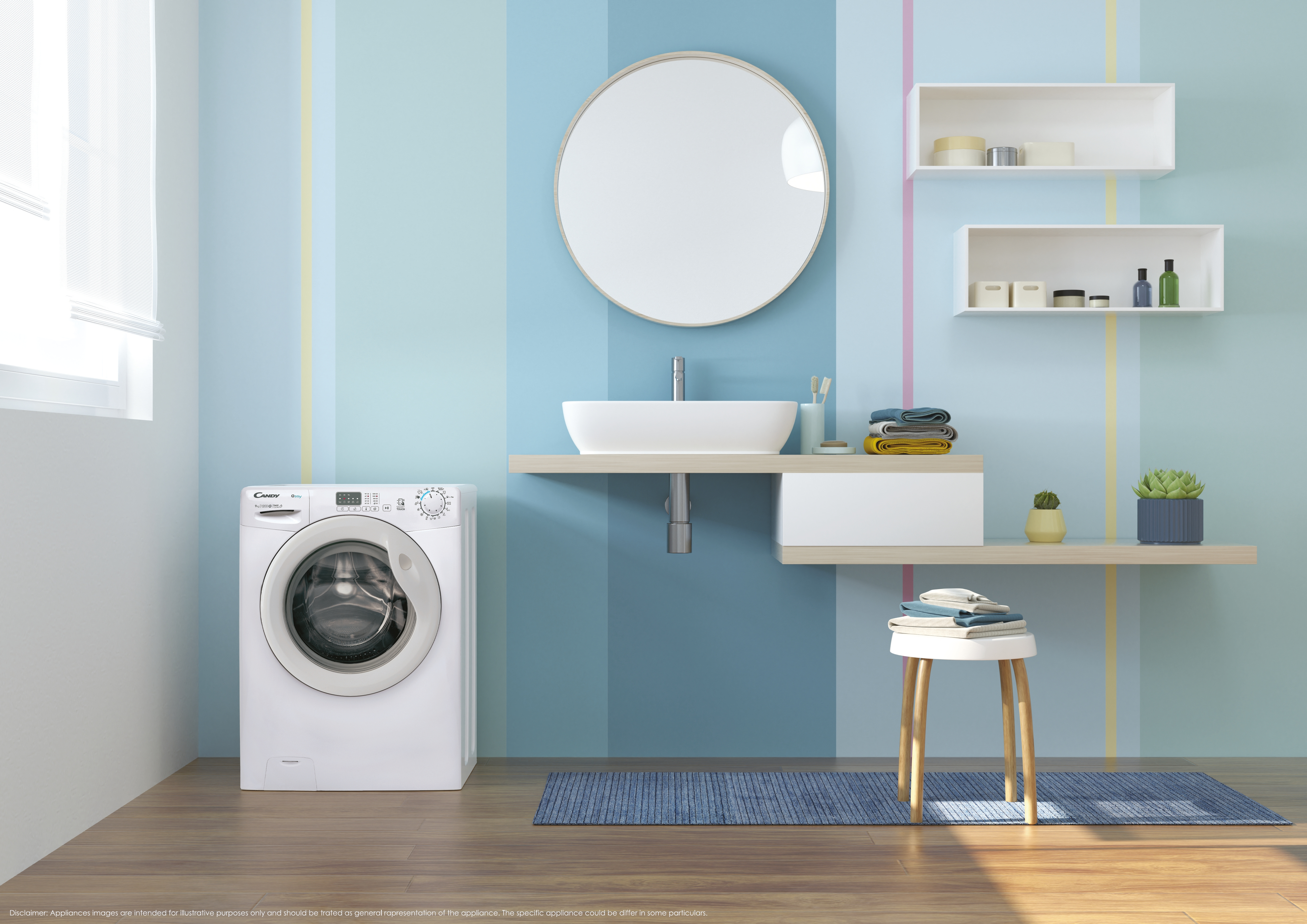 Escena de baño con lavadora blanca, espejo redondo y estantes con decoración.