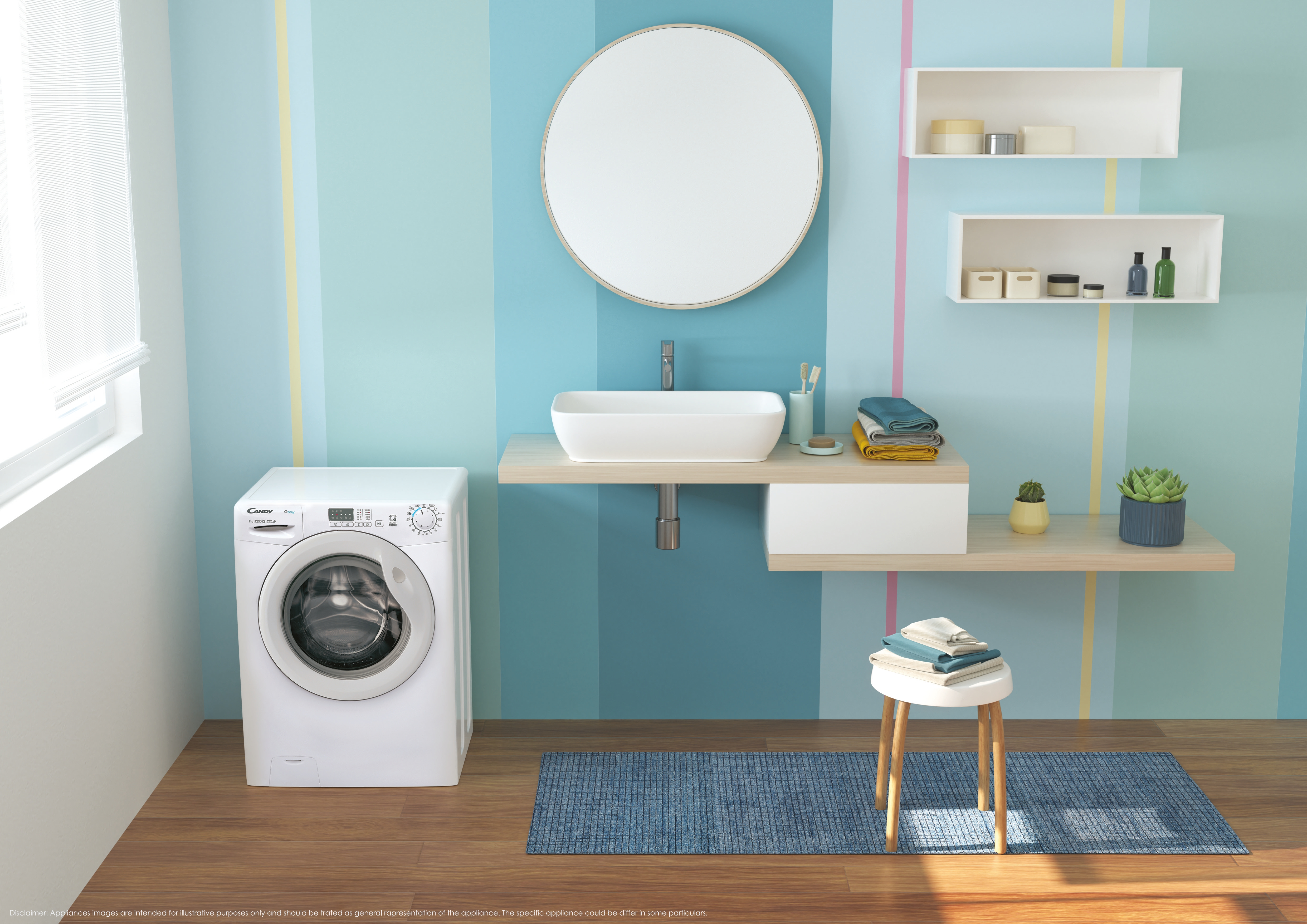 Escena de baño con lavadora, lavabo, estantes y un taburete contra una pared a rayas.