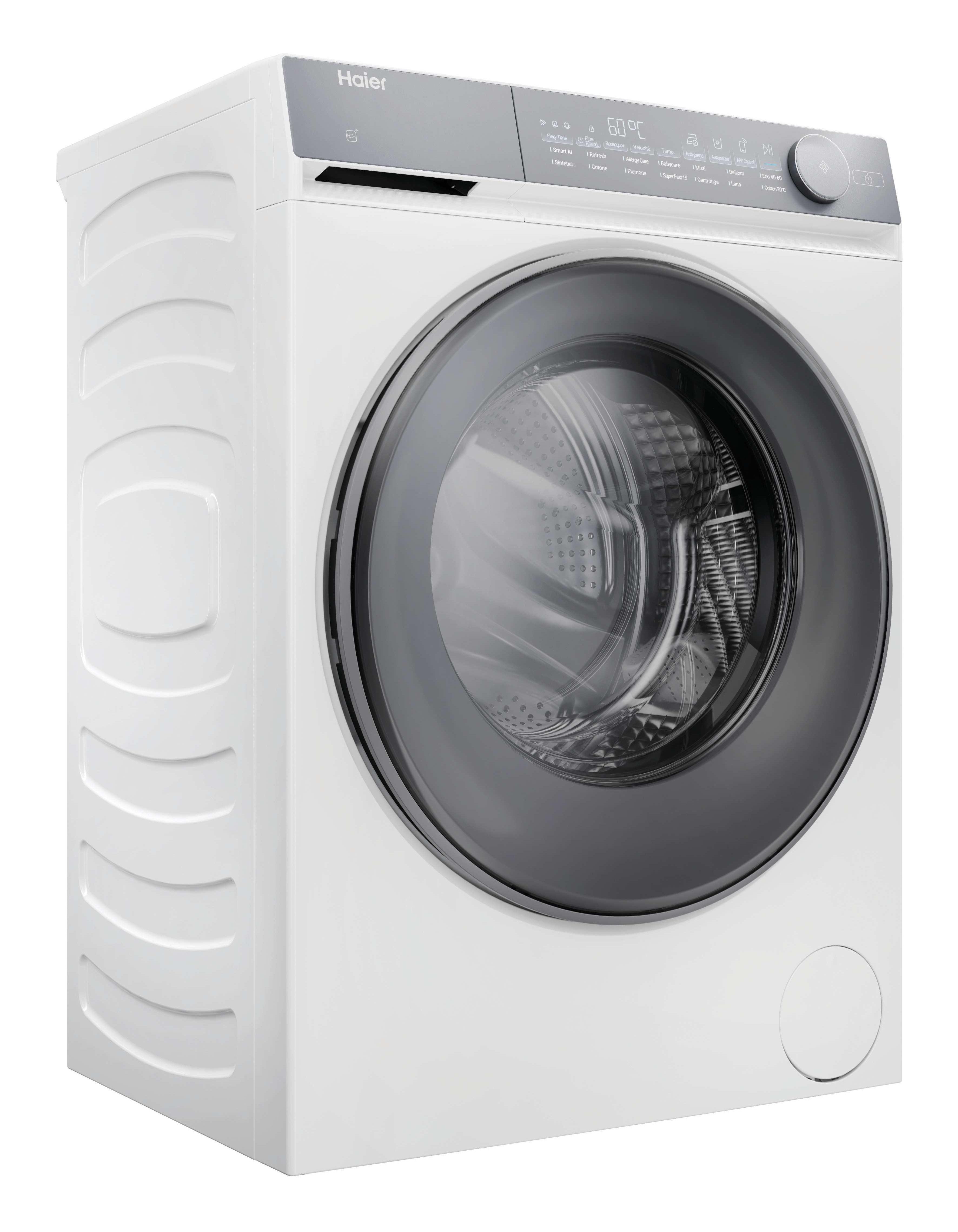 Lavatrice Haier bianca, vista frontale con la porta leggermente aperta.