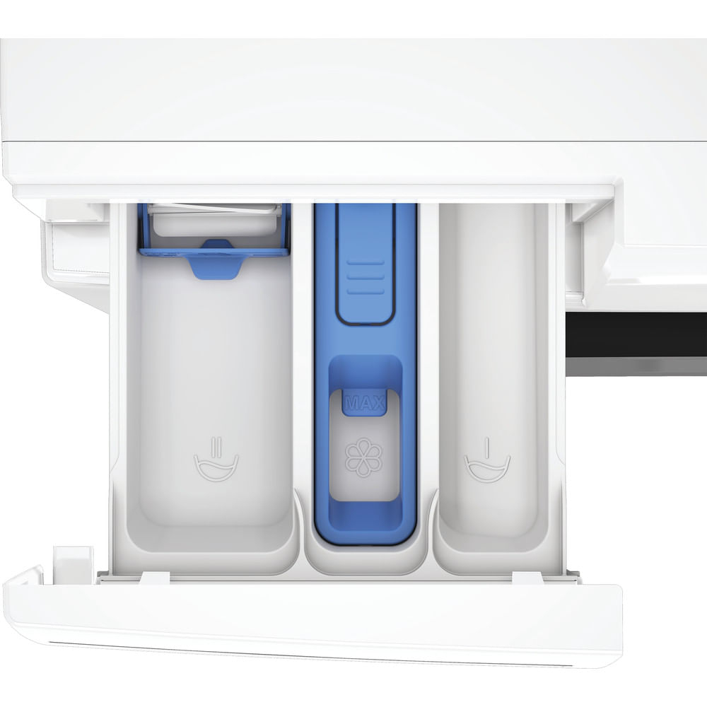 Zbliżenie na szufladę na detergent w białej pralce z niebieskimi akcentami, pokazującą przegródki na detergent.