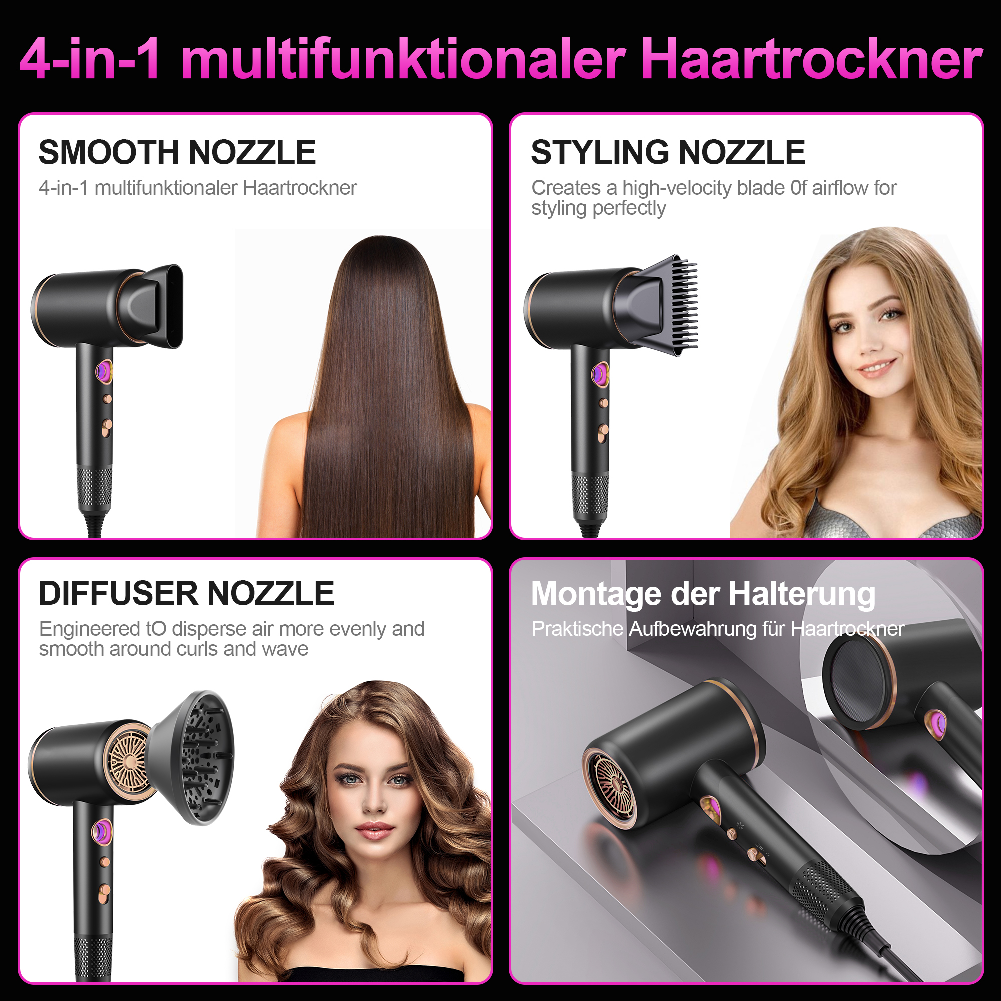 Collage eines schwarzen Haartrockners mit verschiedenen Aufsätzen und einer Frau, die verschiedene Stile modelt.