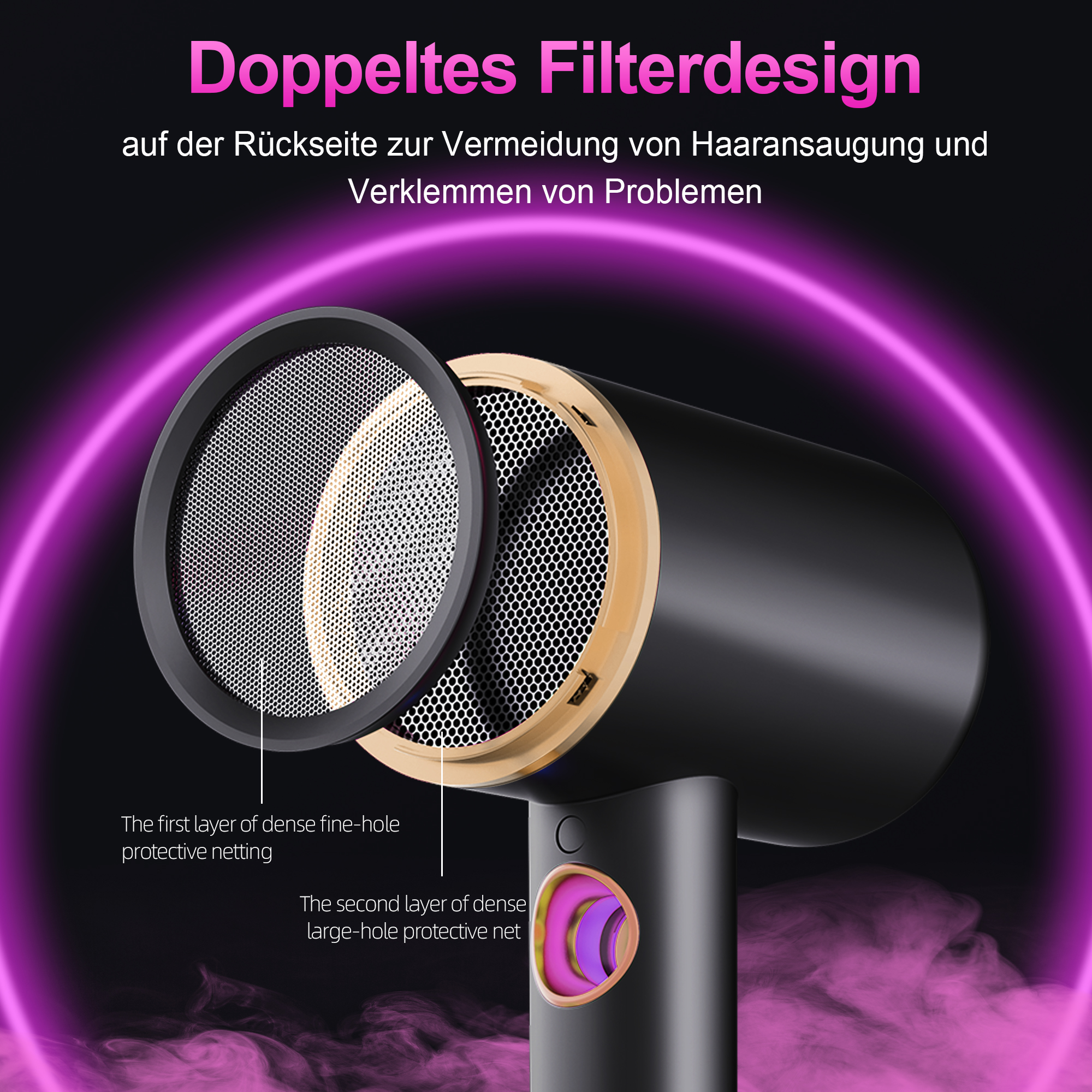 Schwarzer Haartrockner mit doppeltem Filterdesign, der dichte und großlöchrige Schutznetze vor dunklem Hintergrund zeigt.