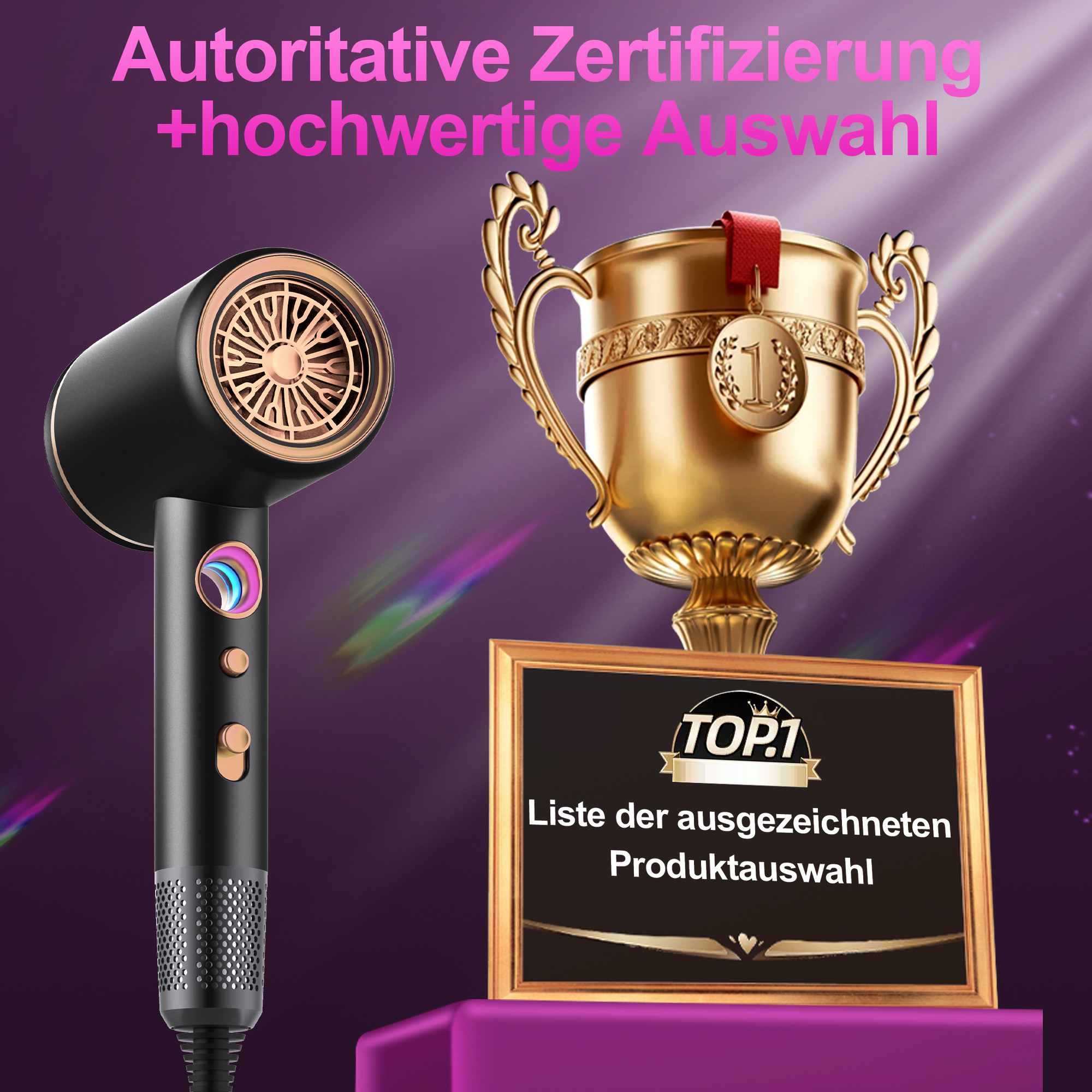Ein schwarzer Haartrockner neben einer goldenen Trophäe und einer gerahmten Urkunde auf einem lila Sockel.
