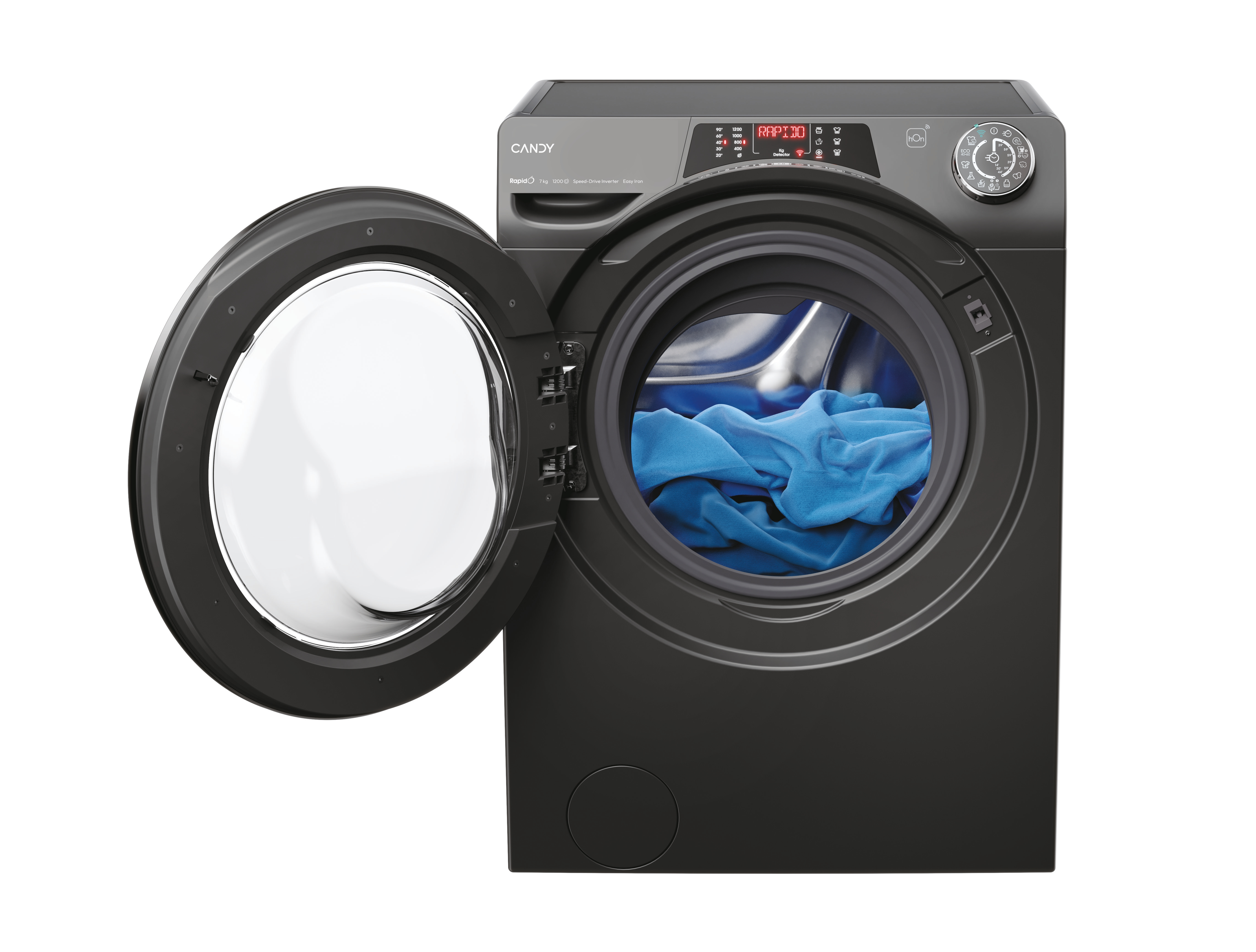 Lavatrice nera con porta aperta, rivela abiti blu all'interno. Logo CANDY visibile.