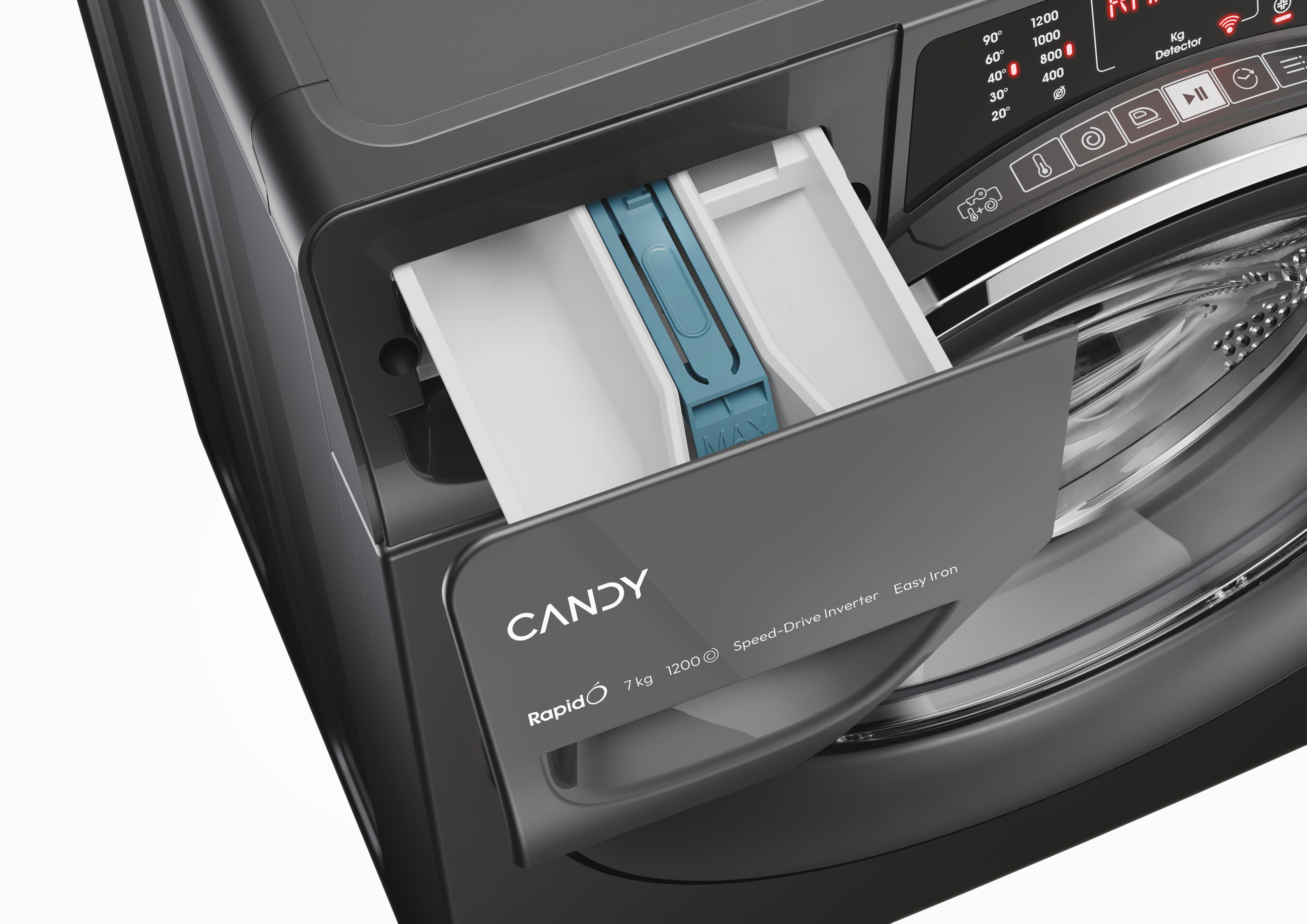 Primo piano di lavatrice nera con cassetto detersivo aperto, marchio Candy.