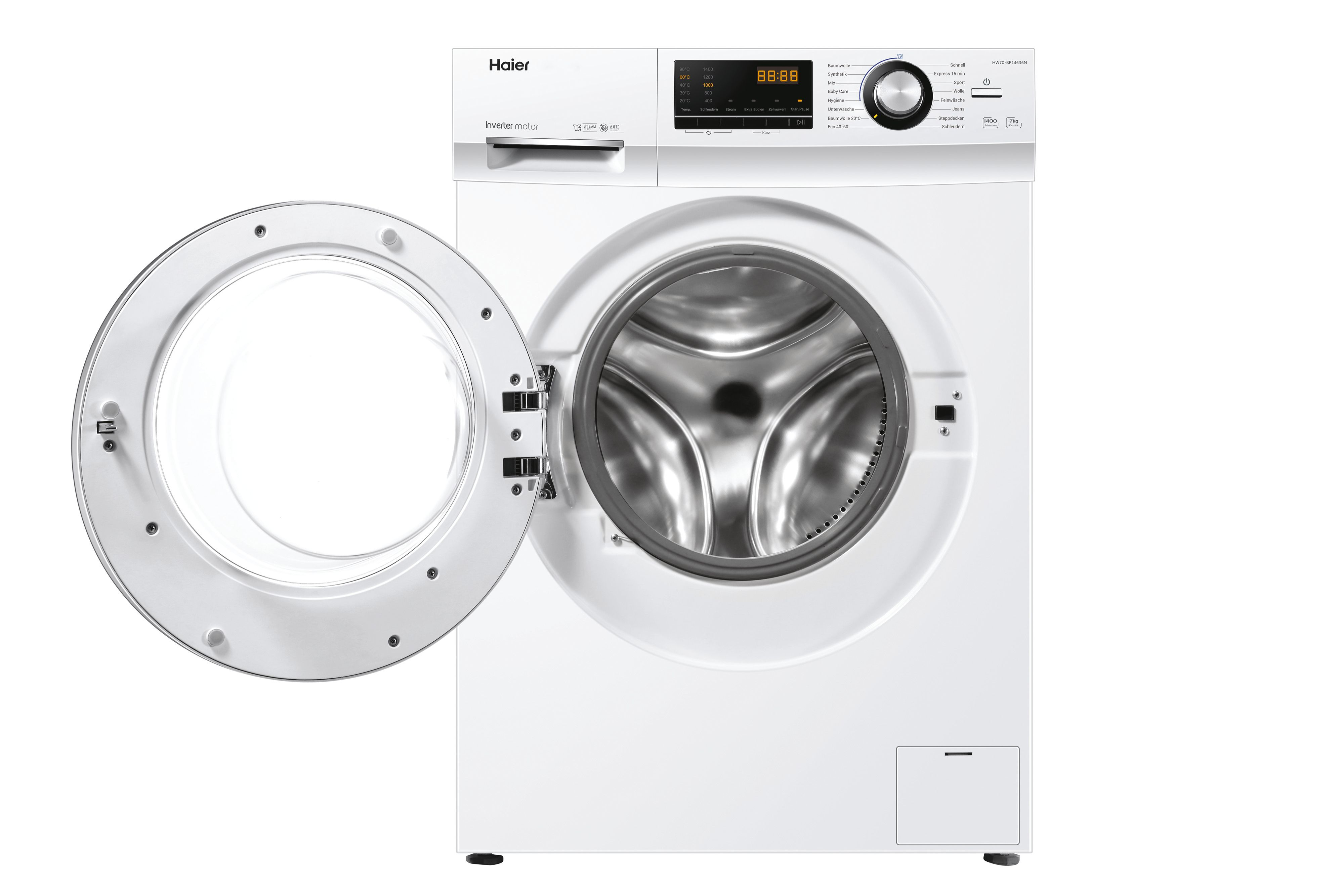 Eine weiße Haier-Waschmaschine mit offener Tür, die das Innere der Edelstahltrommel zeigt.