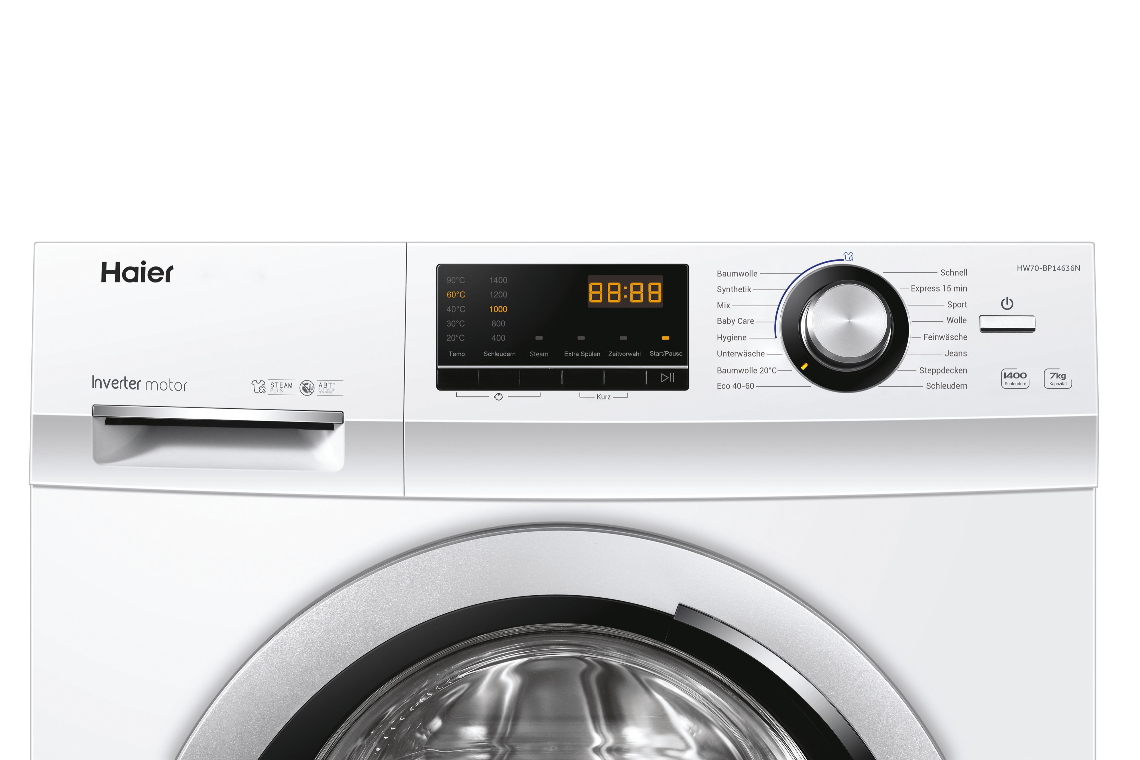 Nahaufnahme des Bedienfelds einer weißen Haier Waschmaschine mit digitalen Einstellungen.