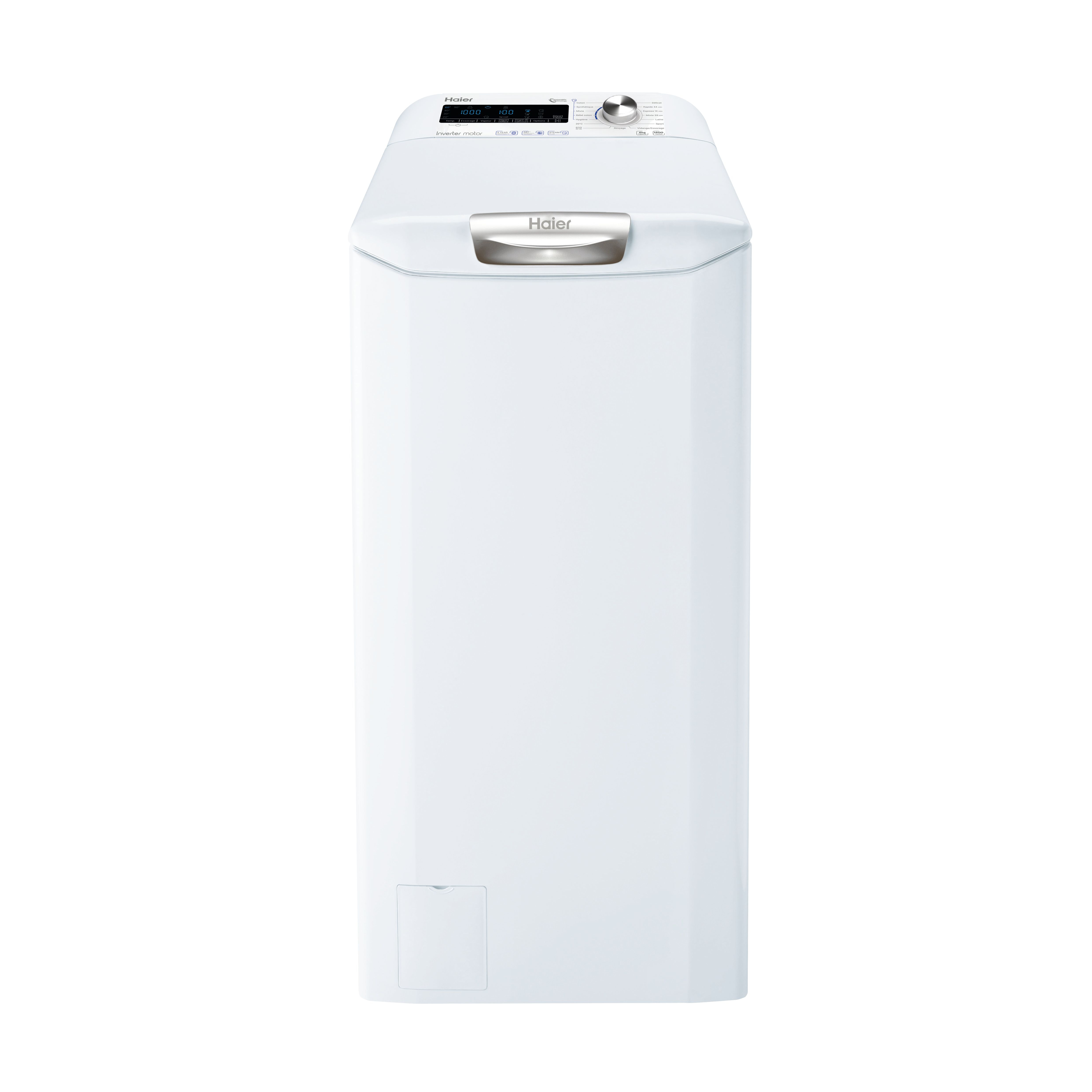 Eine weiße Haier Toplader-Waschmaschine ist mittig auf einem weißen Hintergrund platziert.