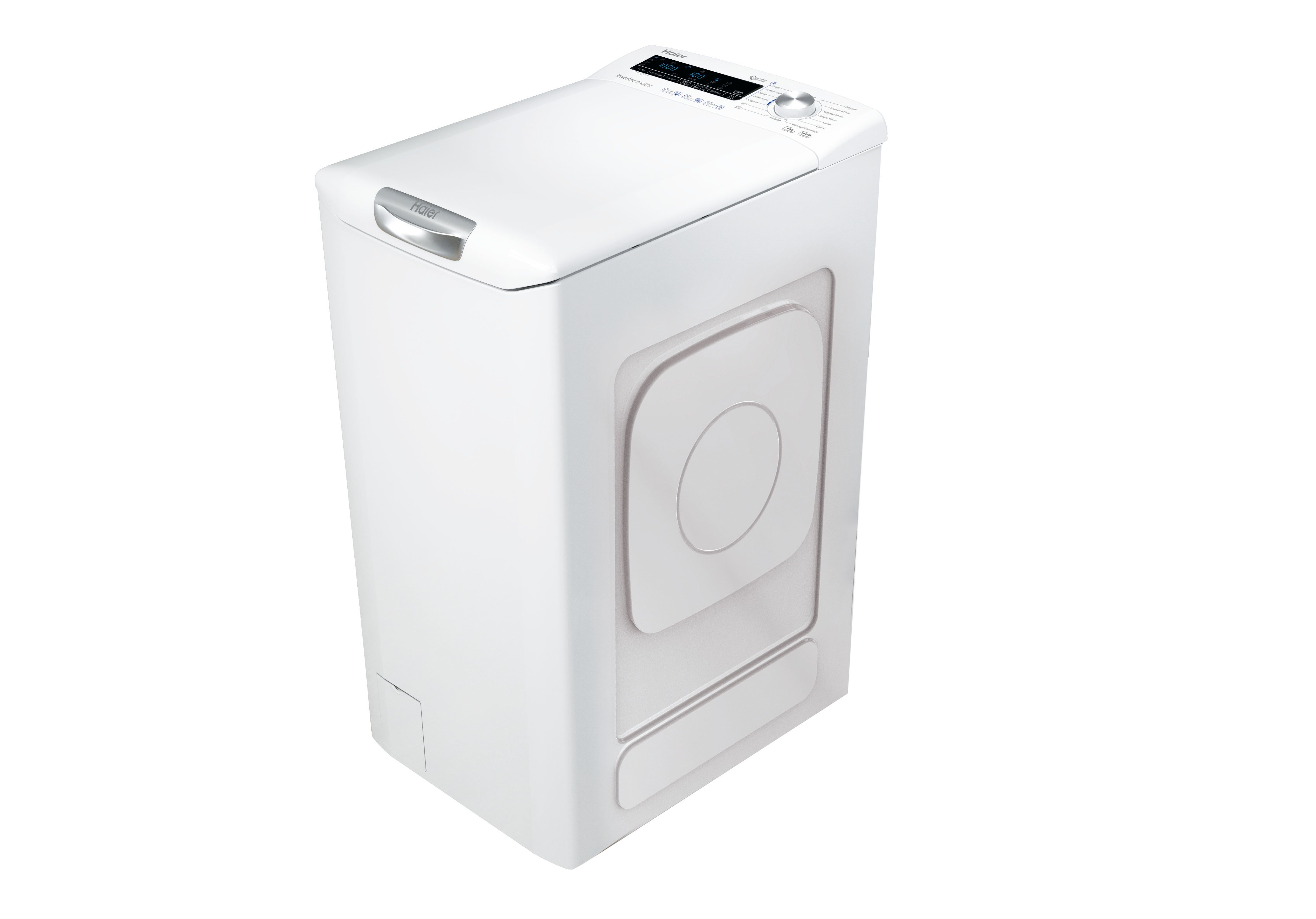 Eine weiße Haier Waschmaschine, Toplader. Die Maschine hat einen Griff und ein digitales Display. Sauberes, modernes Design.