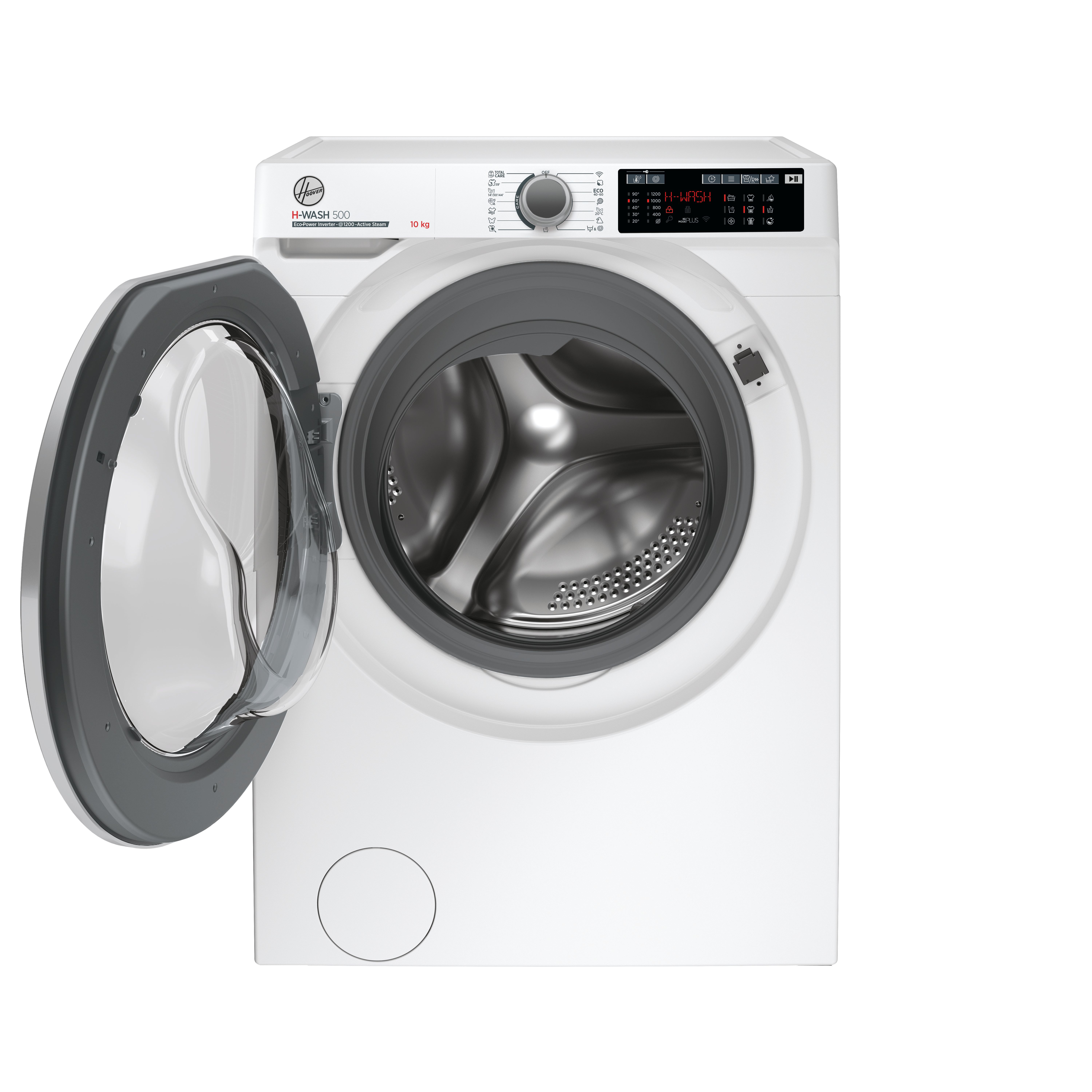 Una lavatrice bianca con la porta aperta. Il pannello di controllo è in alto. Il display è rosso. H-WASH 500.