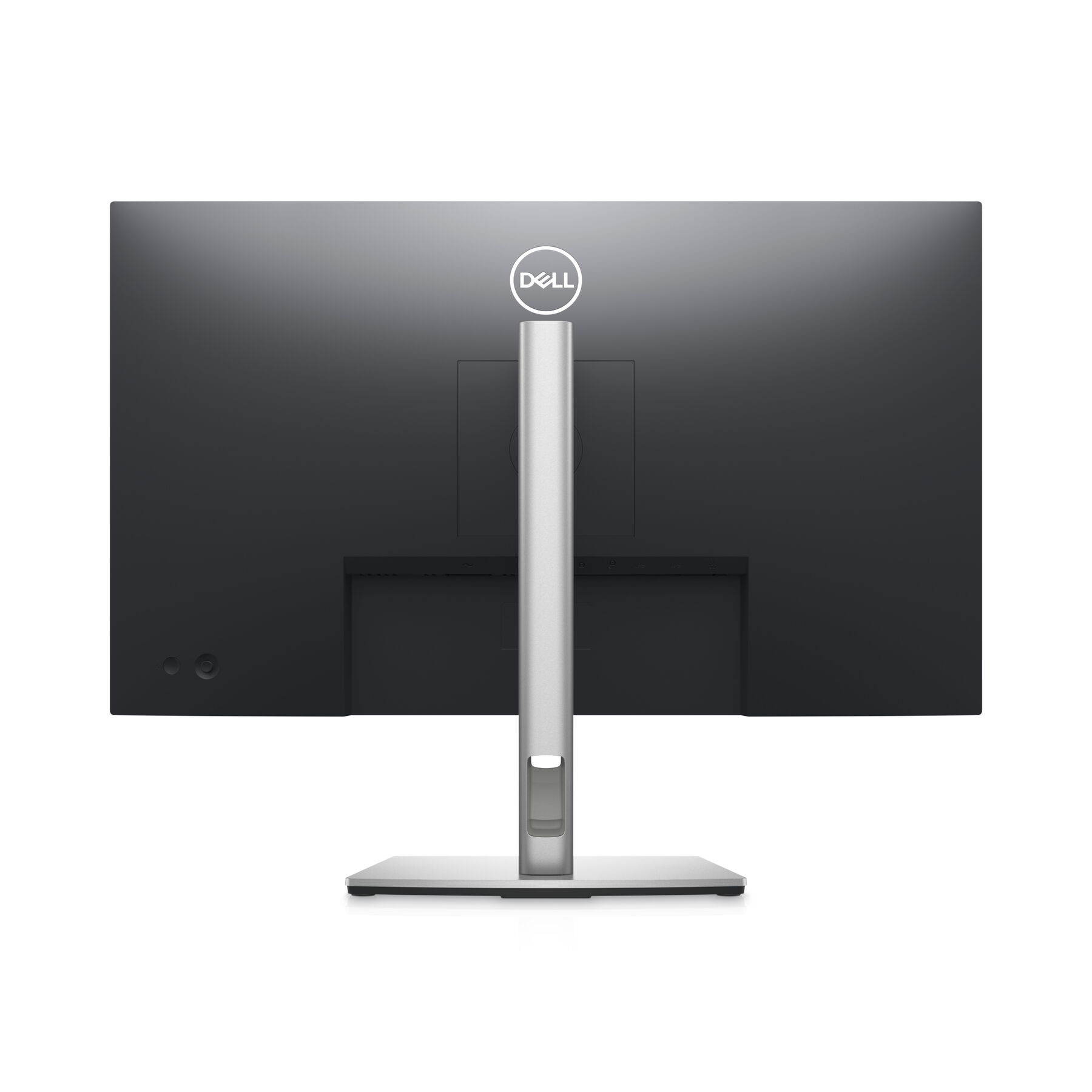 Monitor komputerowy z tyłu. Czarny, ze srebrną podstawą i logo Dell na górze.