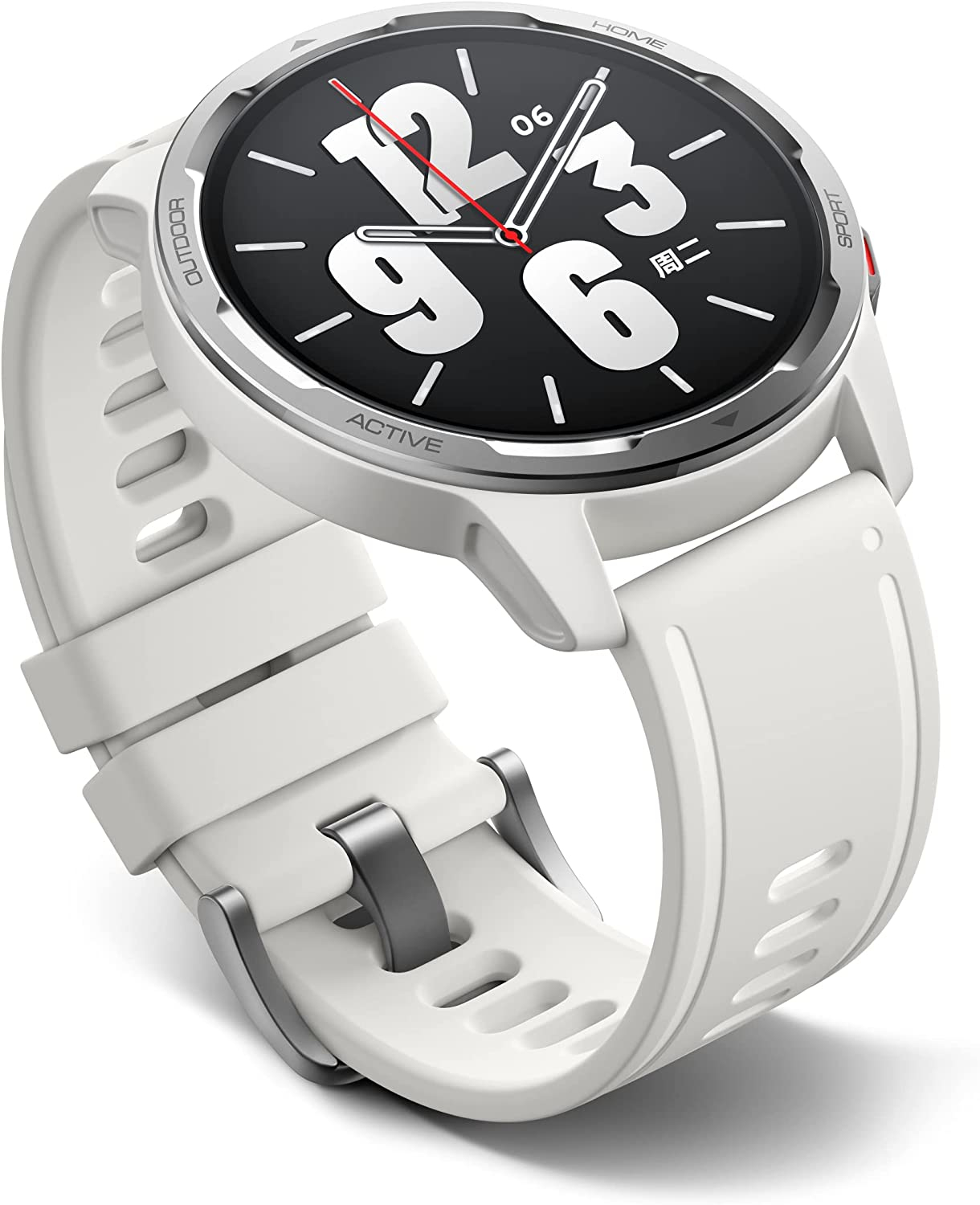 Biały smartwatch z okrągłym wyświetlaczem, białym paskiem i srebrną ramką.