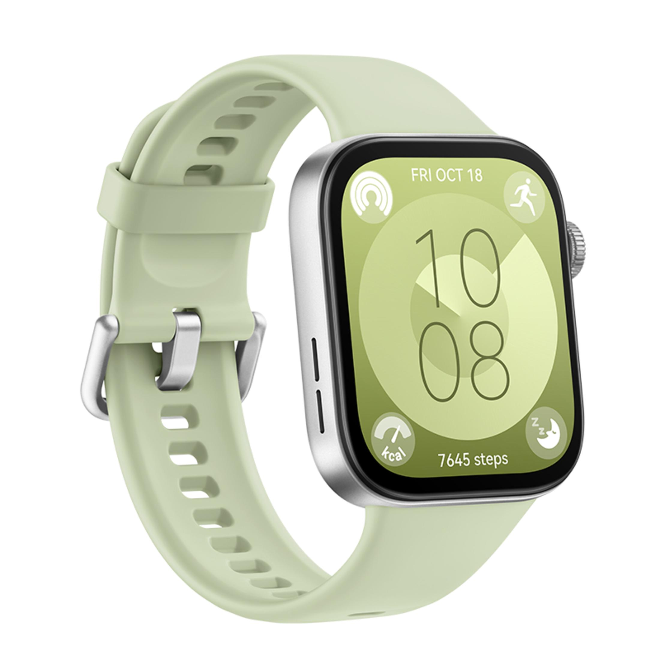 Smartwatch z jasnozielonym paskiem i srebrną kopertą.