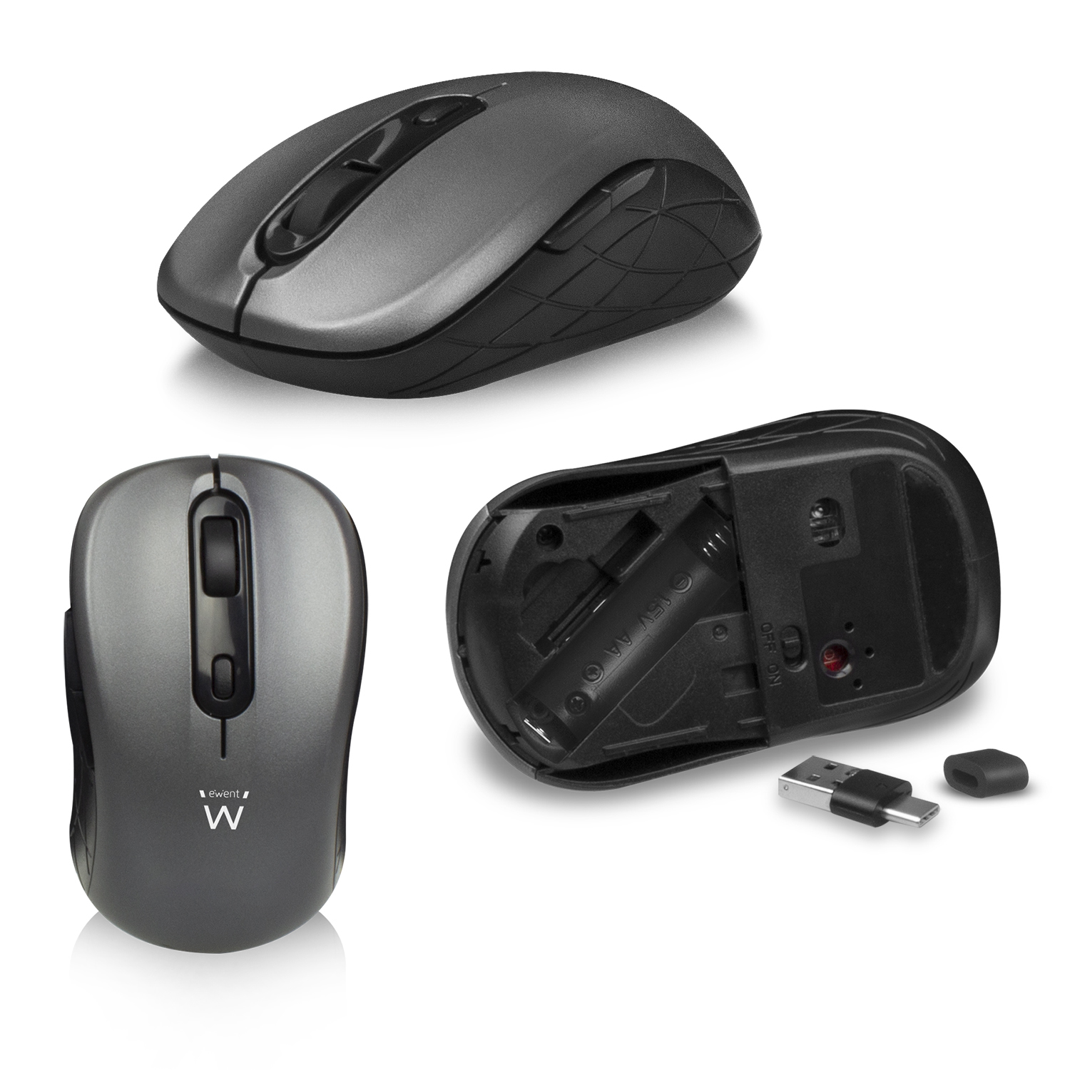 Tre viste di un mouse grigio. Una mostra il mouse smontato con lo scomparto batterie aperto.