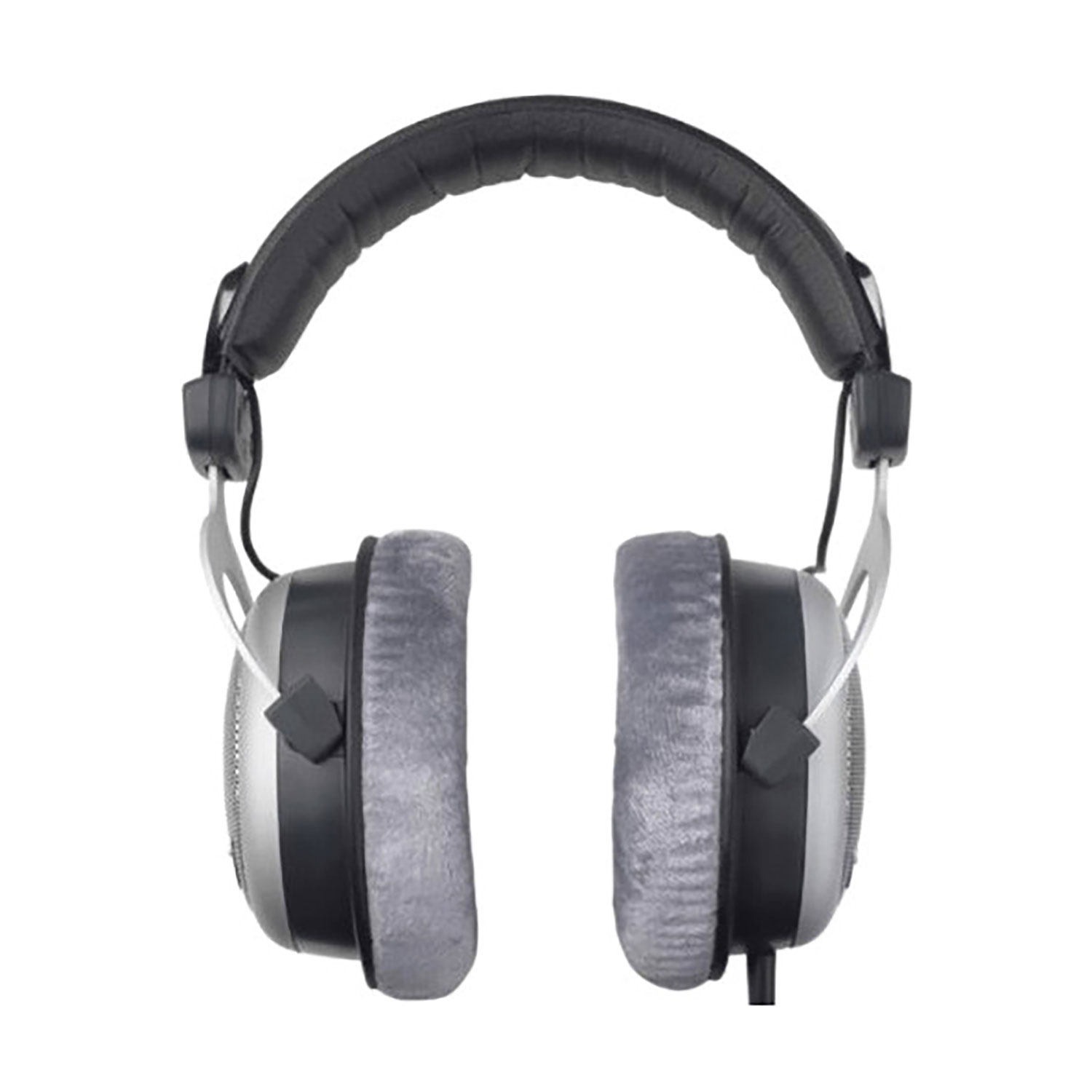 Silberne und schwarze Over-Ear-Kopfhörer mit grauen Kissen sind auf einem weißen Hintergrund zentriert.