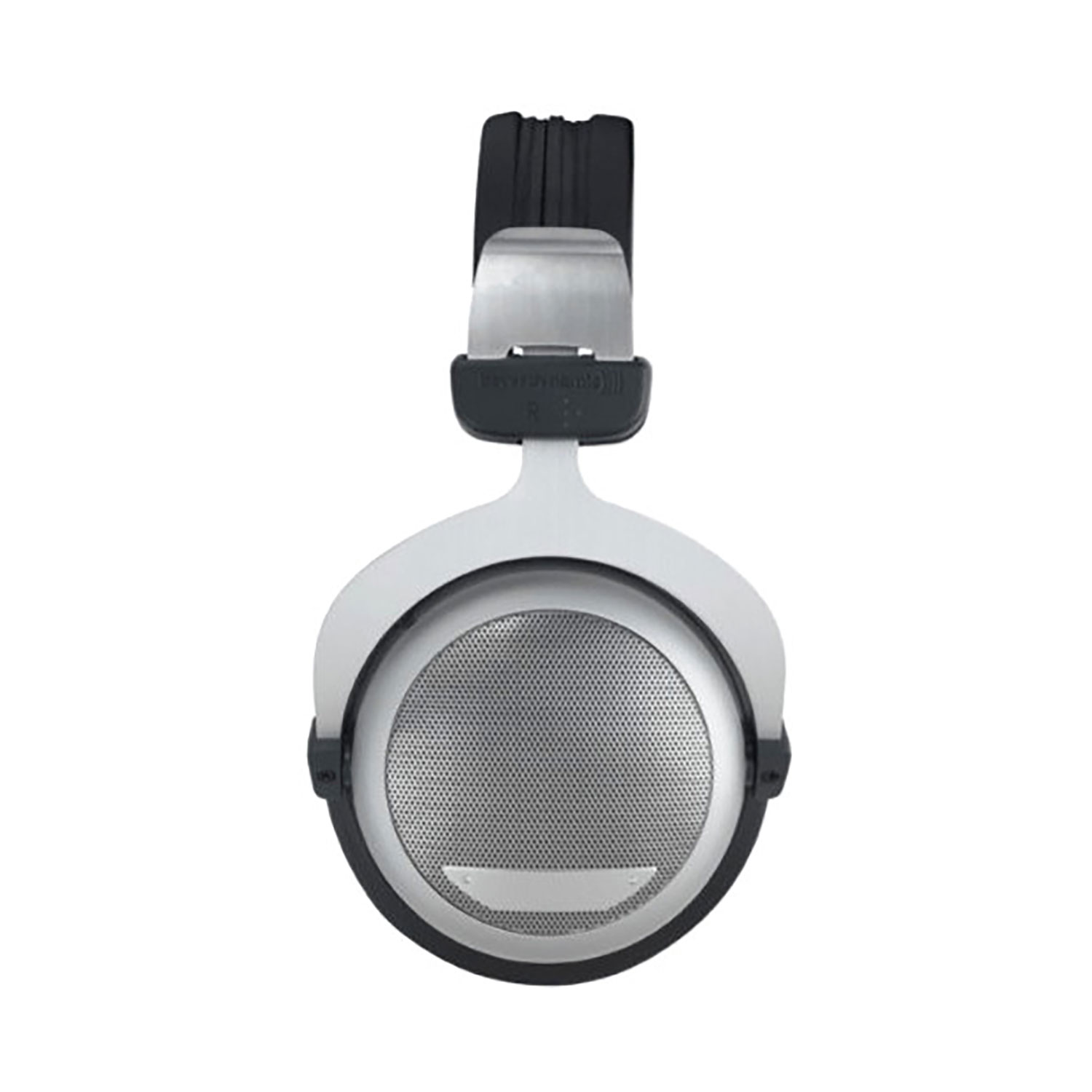 Beyerdynamic Kopfhörer, silber und schwarz, mit kreisförmigem Ohrmuscheldesign, isoliert auf Weiß.