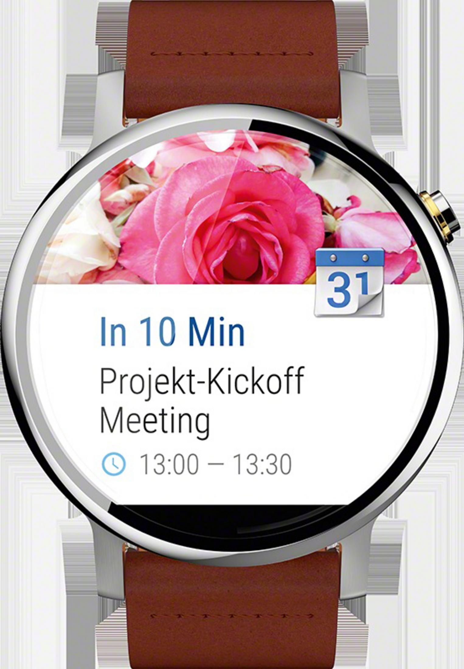 Smartwatch mit rosa Rose und Kalender mit 31. Braunes Lederarmband.