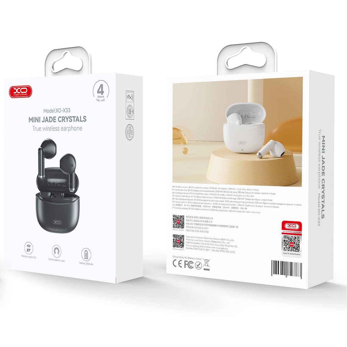 Zwei XO-X33 Mini Jade Crystals True Wireless Earphone-Boxen, eine schwarze und eine weiße, mit Produktdetails.
