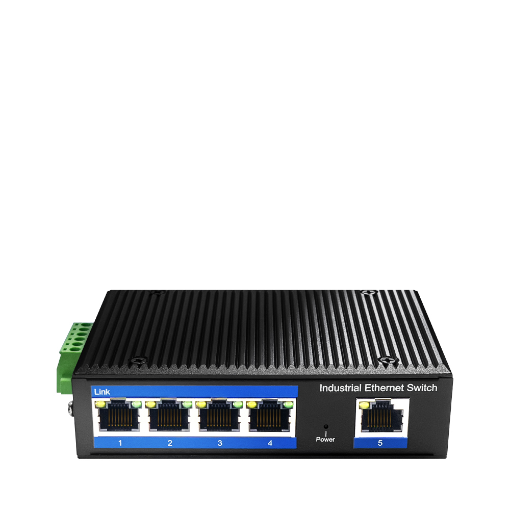 Switch Ethernet industriale. Nero, con diverse porte RJ45 e un connettore a morsettiera verde.