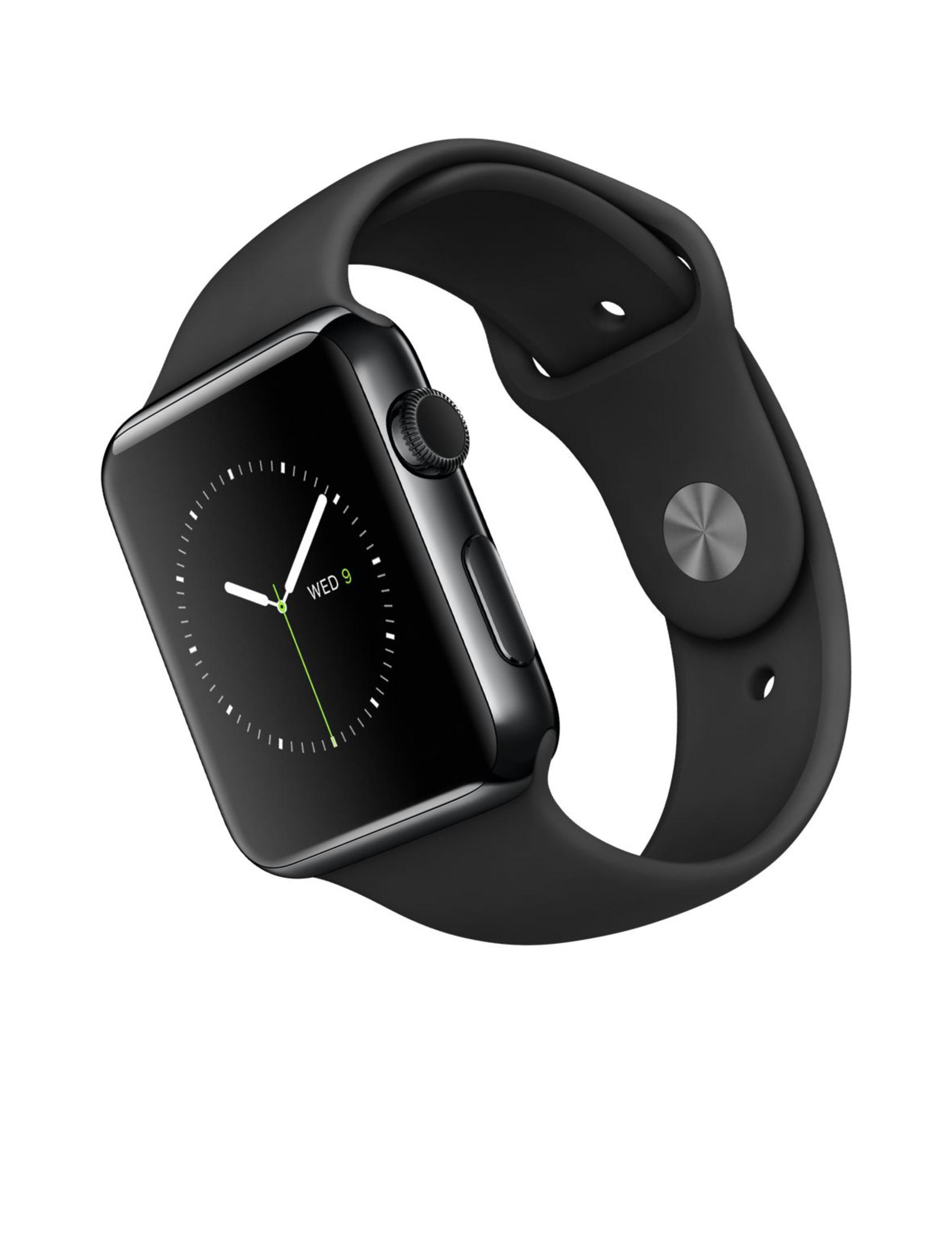 Schwarze Smartwatch mit schwarzem Armband, die die Uhrzeit 9:00 und den Tag als Mittwoch anzeigt.