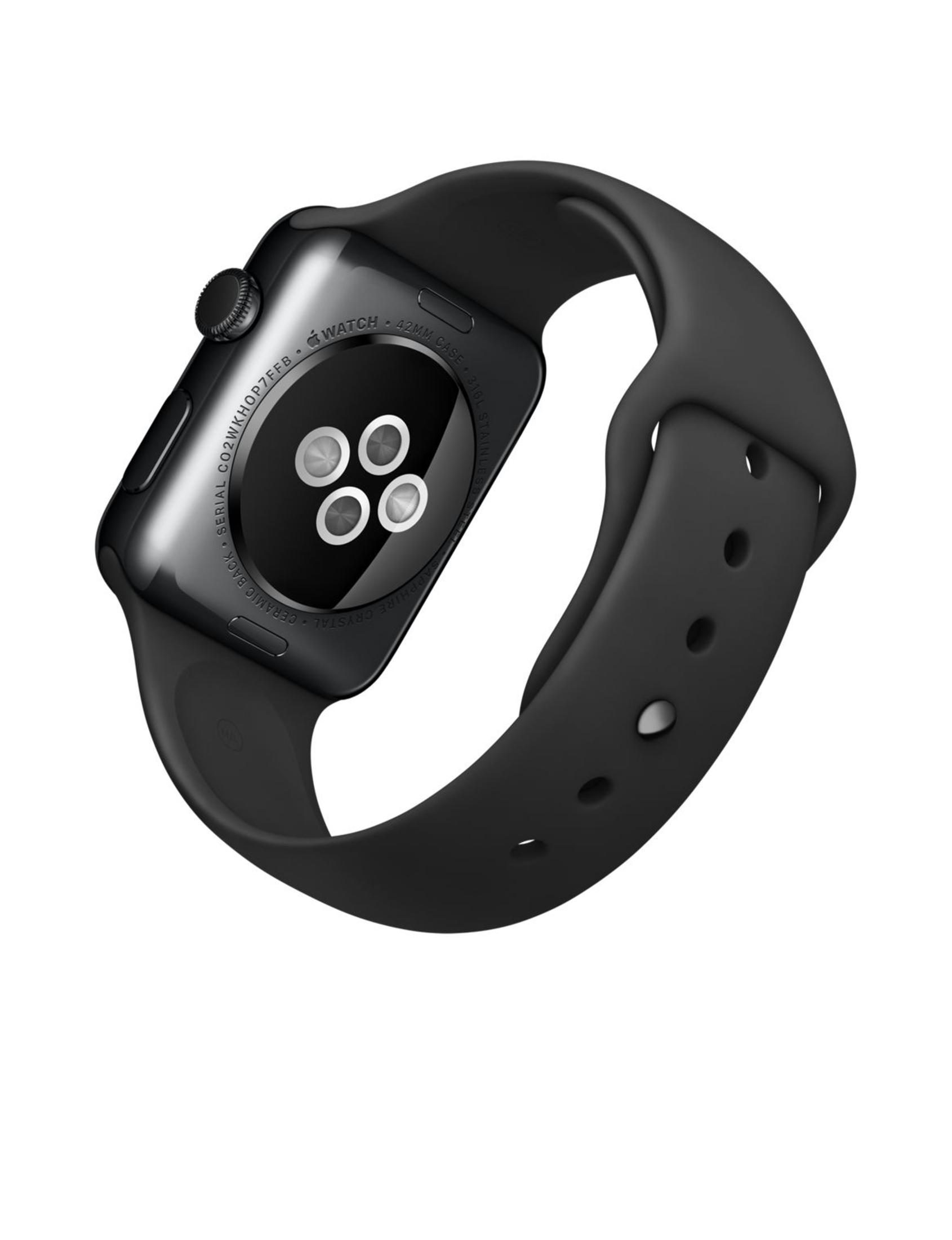 Rückseite einer schwarzen Smartwatch mit schwarzem Armband auf weißem Hintergrund. Das Zifferblatt ist nicht sichtbar.