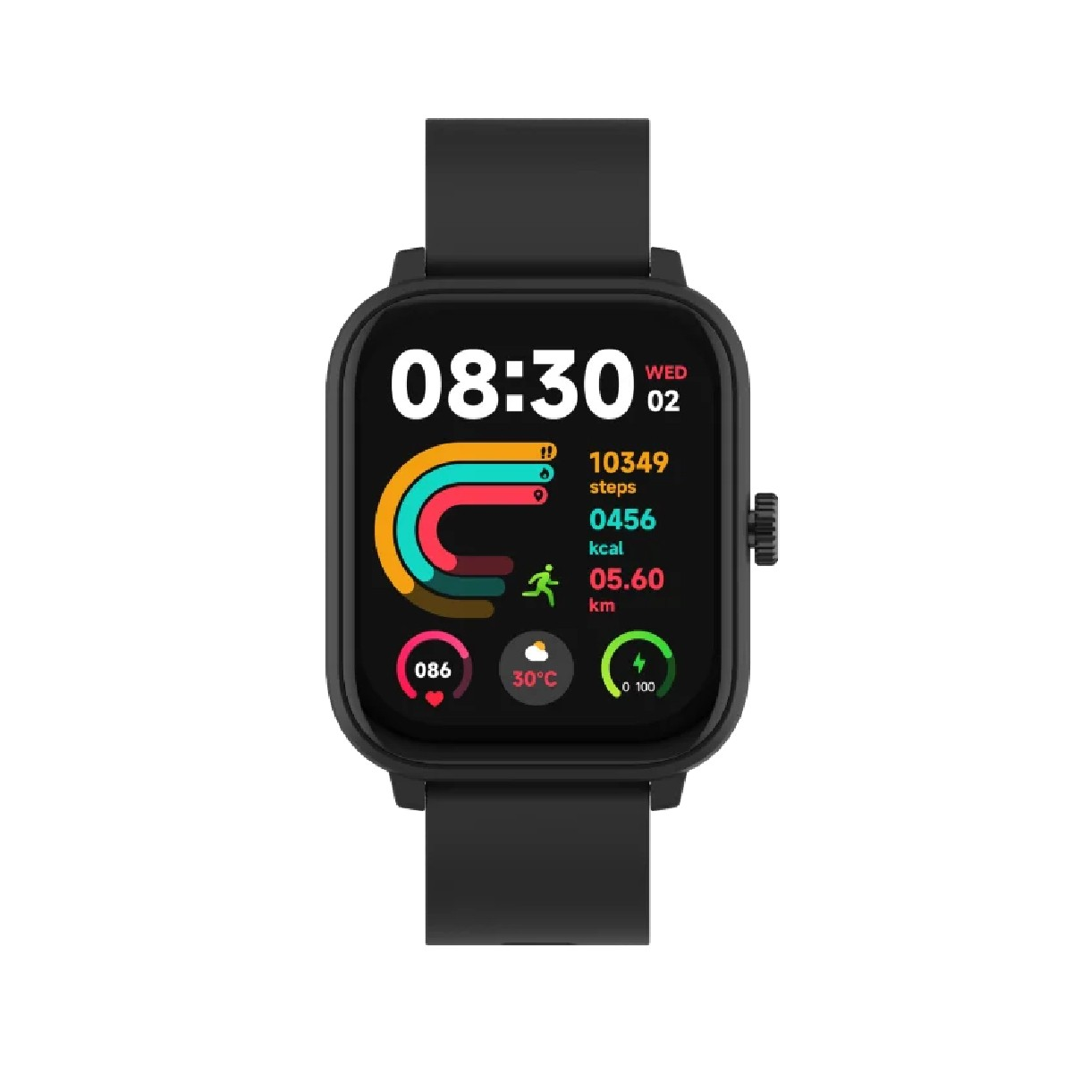 Czarny smartwatch z czarnym paskiem. Pokazuje czas, kroki, kalorie i dystans. Białe tło.