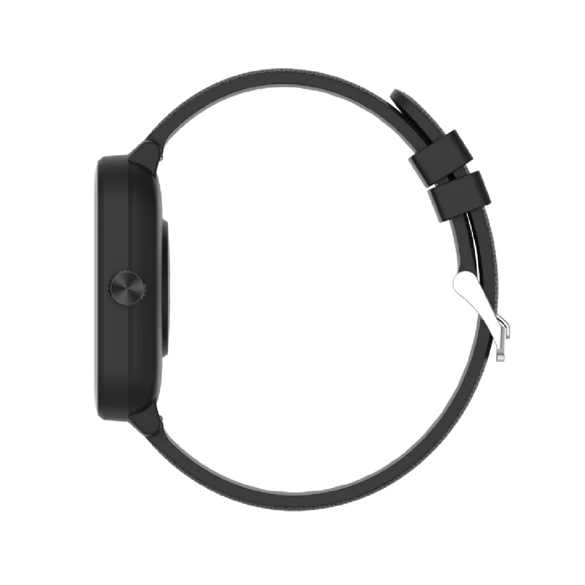 Widok z boku czarnego smartwatcha, pokazujący pasek i tarczę zegarka.