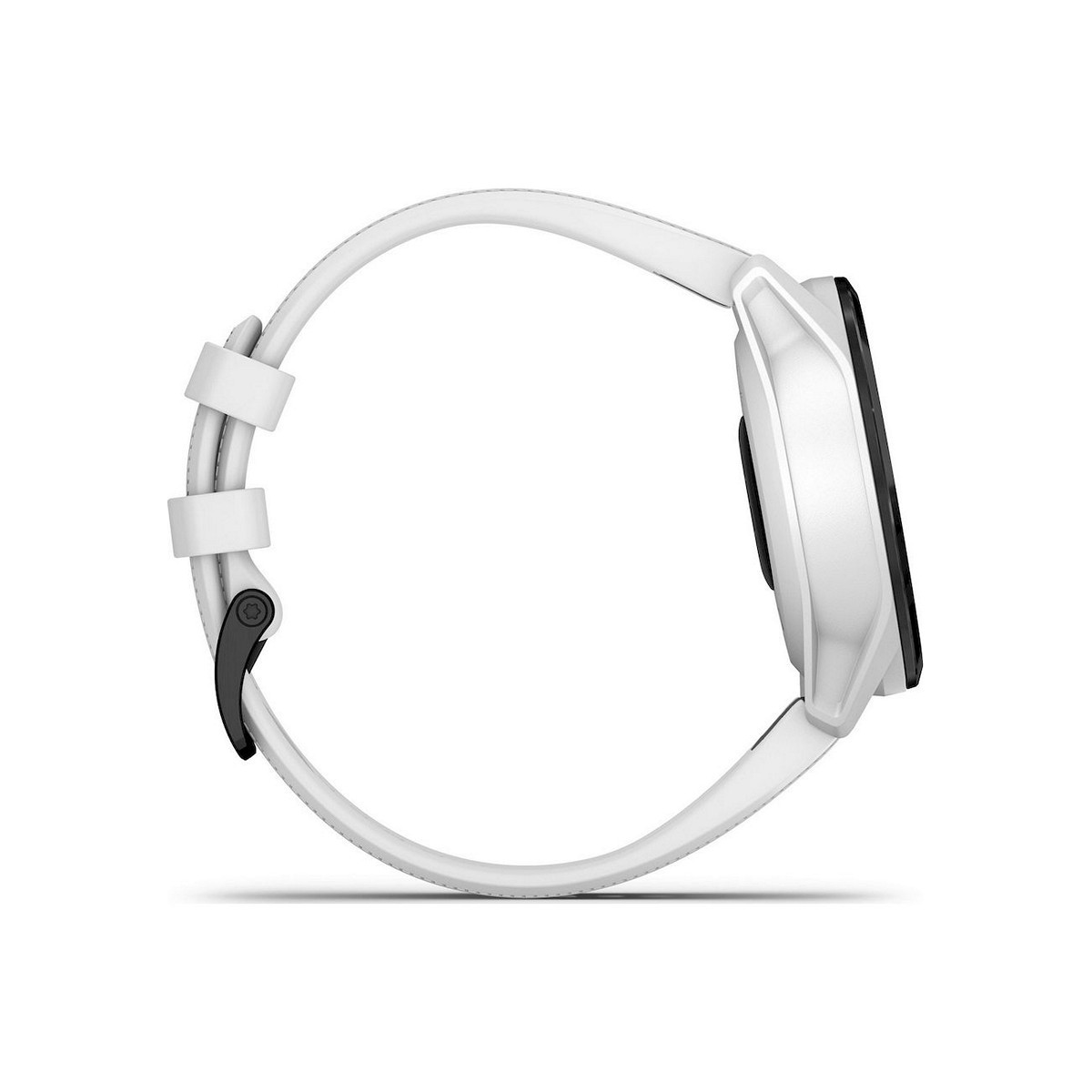 Widok z boku białego smartwatcha z białym paskiem, z czarnym przyciskiem i eleganckim wyglądem.