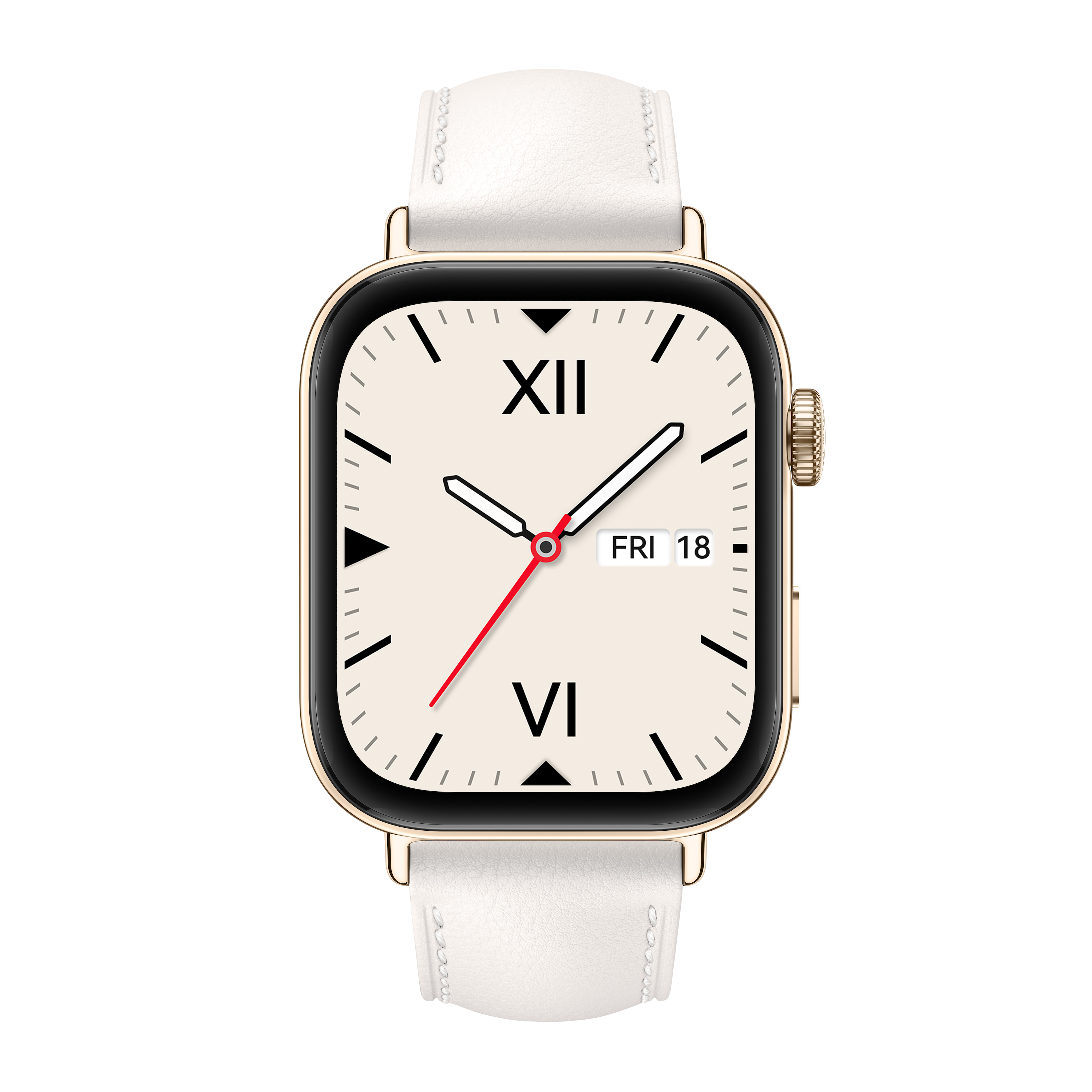 Smartwatch dorato con cinturino bianco che mostra l'ora 10:09 e la data Venerdì 18.
