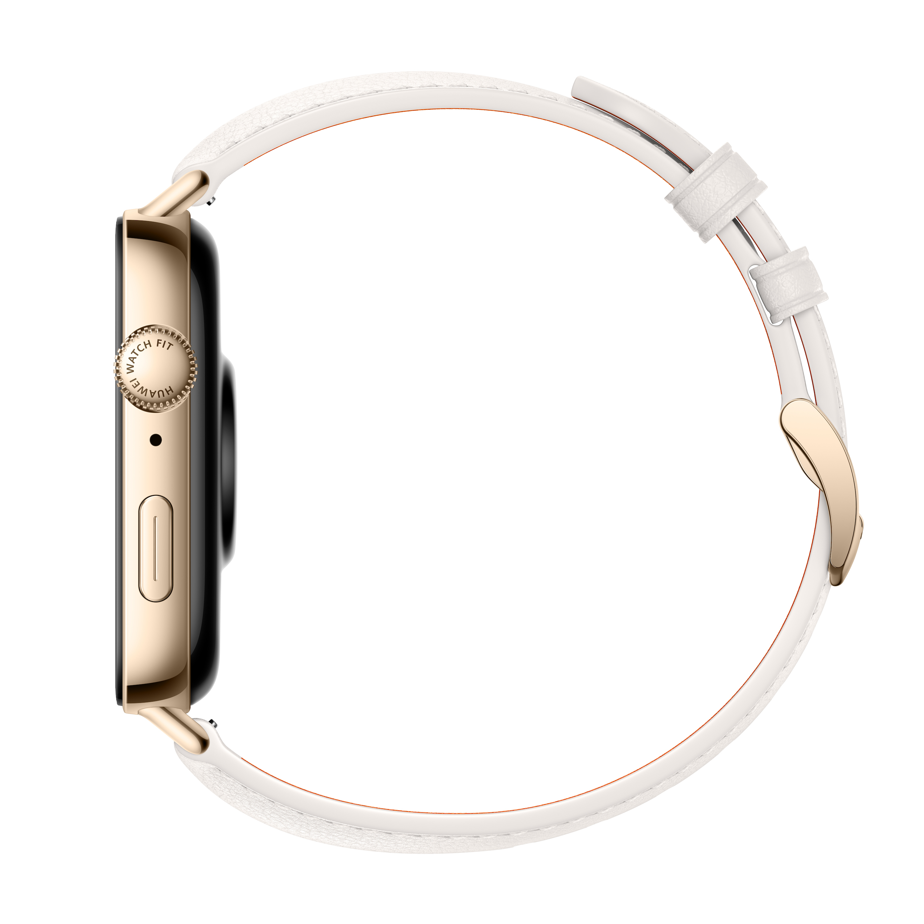 Vista laterale di uno smartwatch dorato con cinturino bianco.
