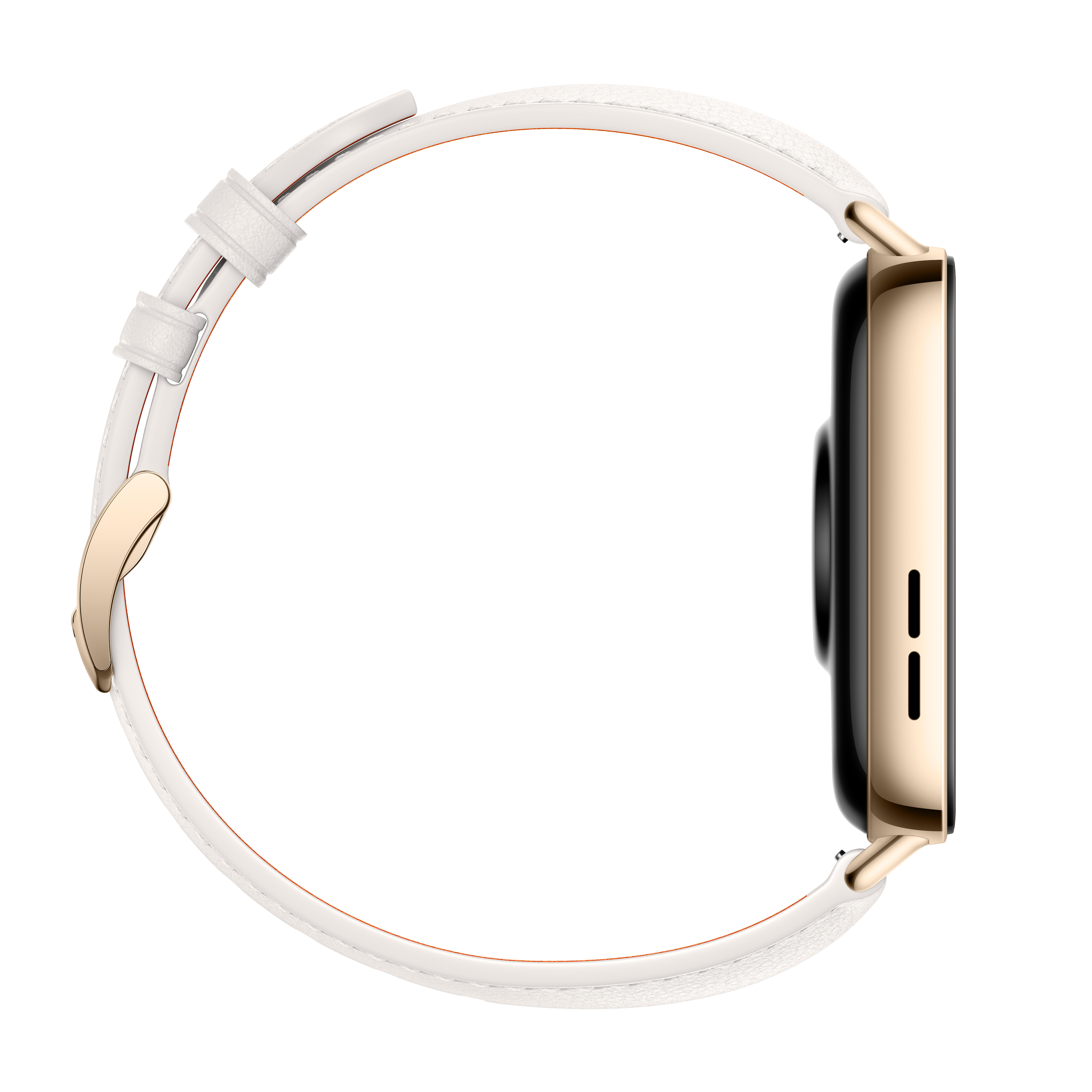 Uno smartwatch dorato con cinturino in pelle bianca visto di lato.