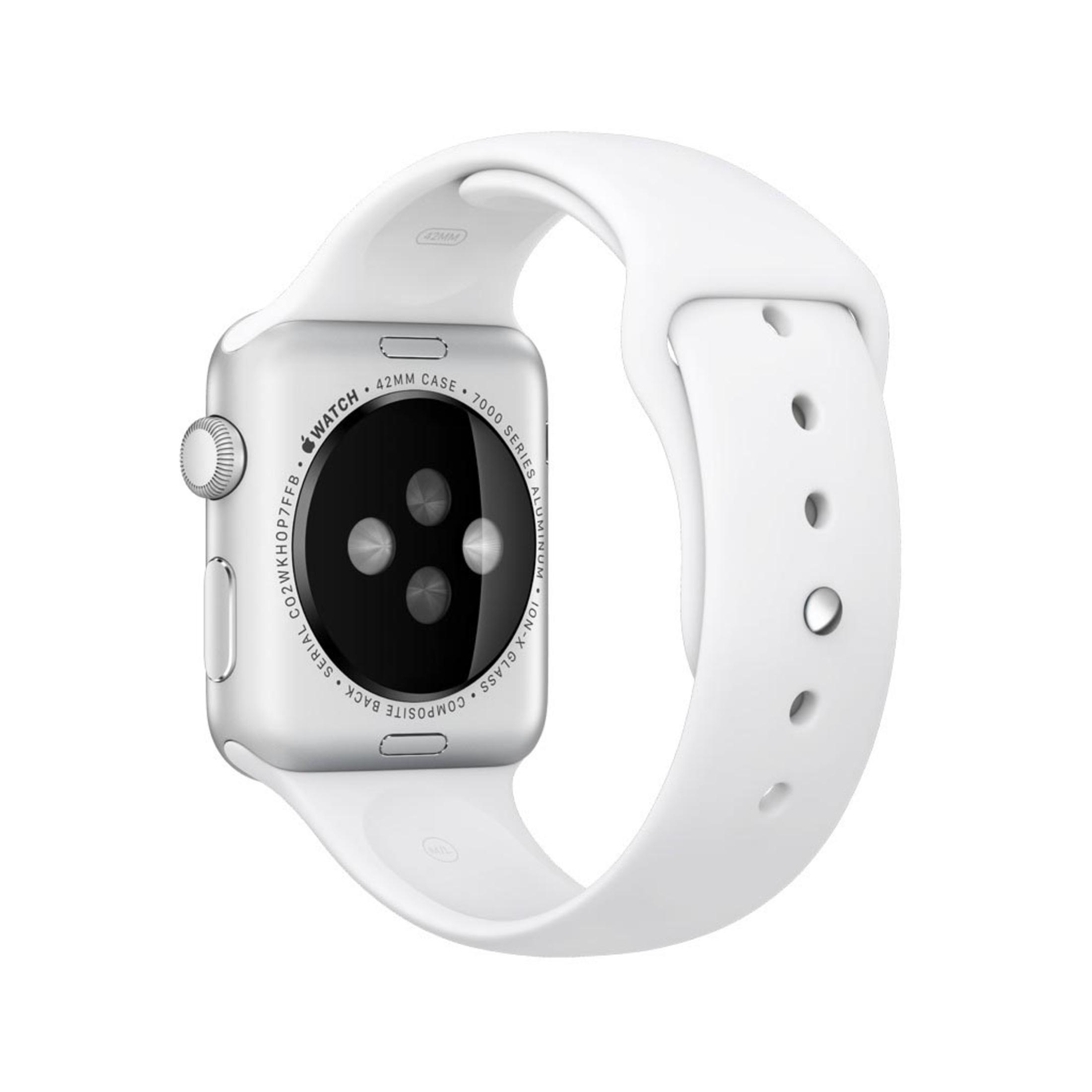 Eine weiße Smartwatch mit einem weißen Armband, die den Sensor auf der Rückseite der Uhr zeigt.