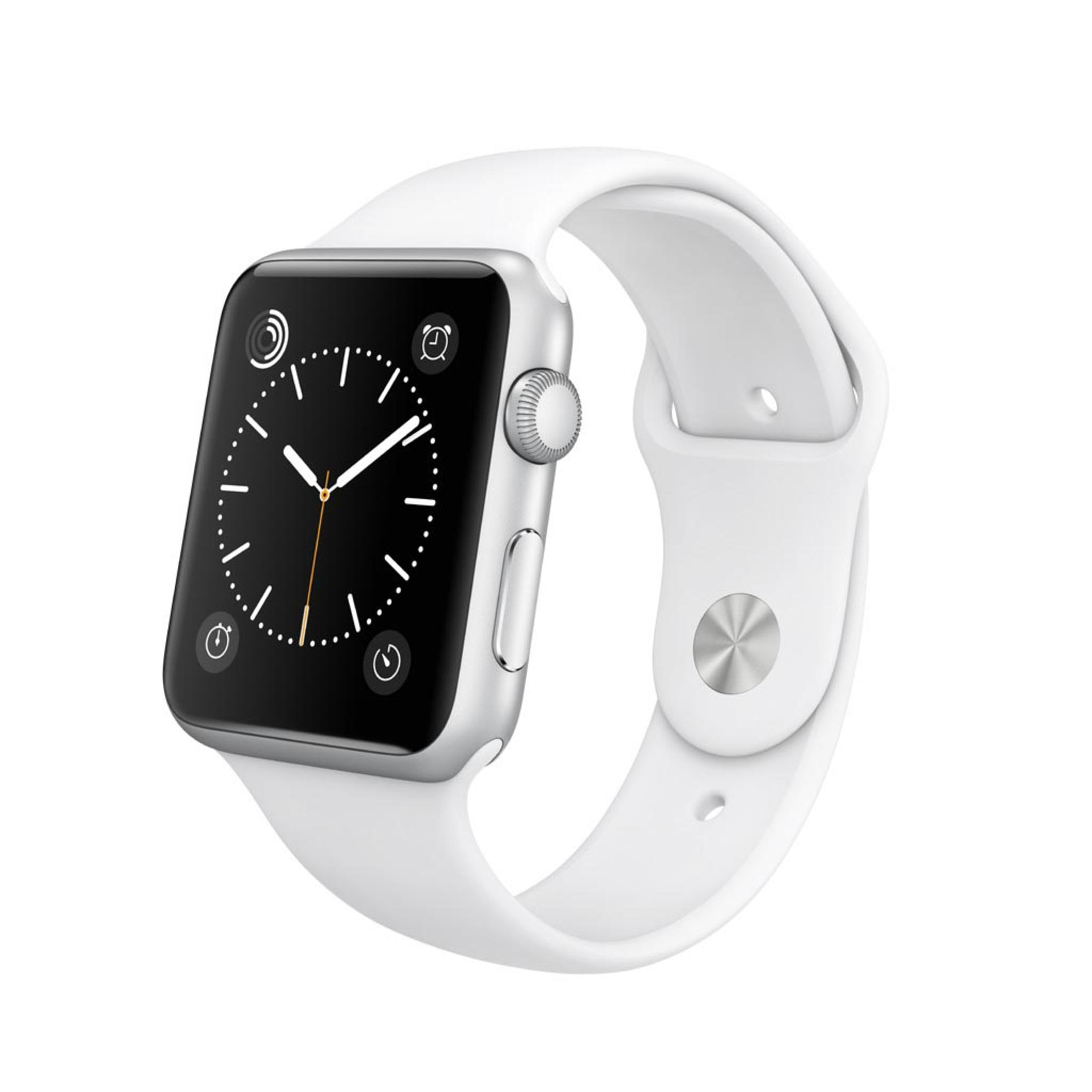 Silberne Apple Watch mit weißem Armband, zeigt schwarzen Bildschirm mit weißen Markierungen.