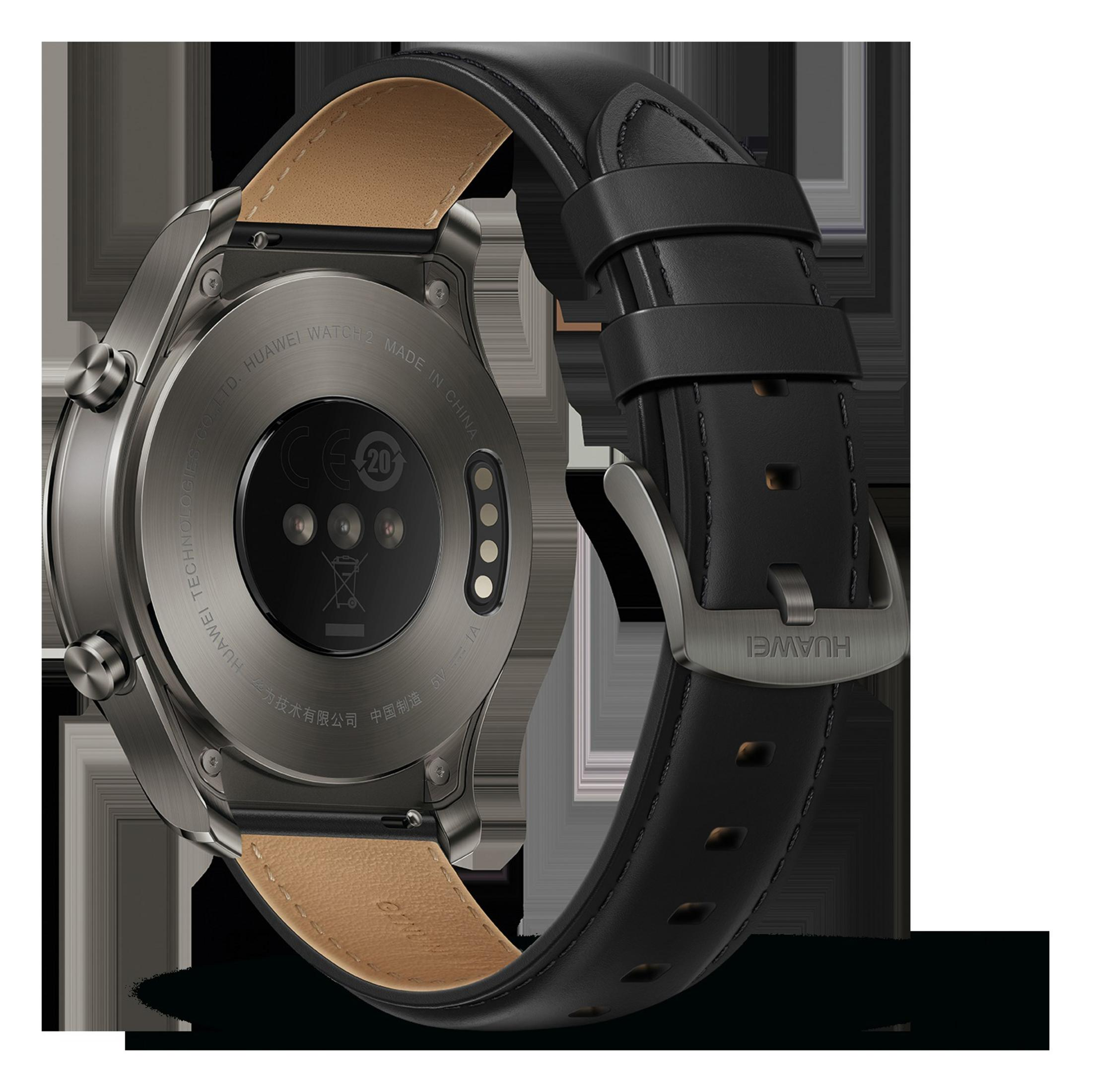 Rückansicht einer silbernen Smartwatch mit schwarzem Lederarmband, detaillierte Nahaufnahme.