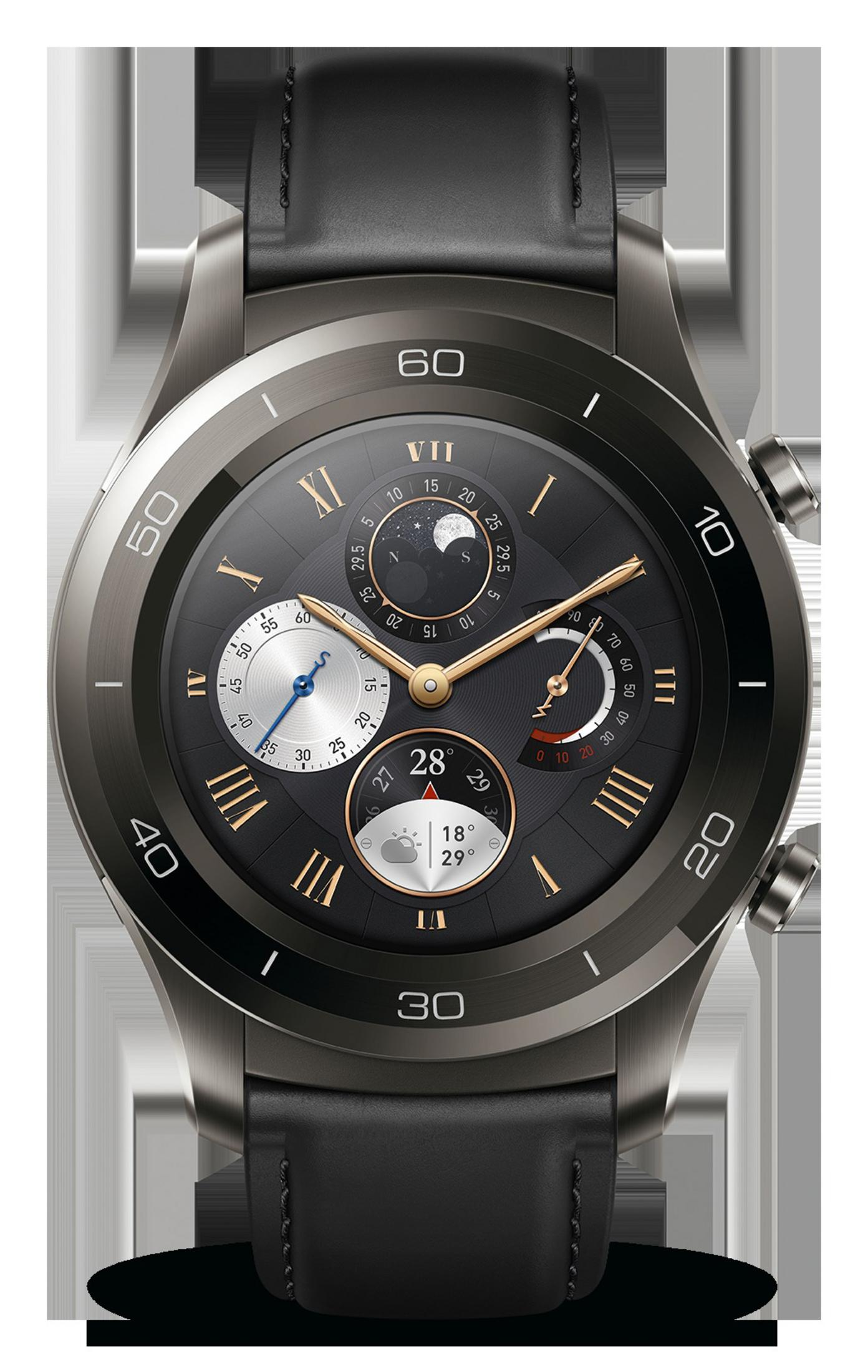 Eine Smartwatch mit schwarzem Armband und Zifferblatt zeigt Uhrzeit und Datum mit analogen Hilfszifferblättern auf dem Bildschirm.