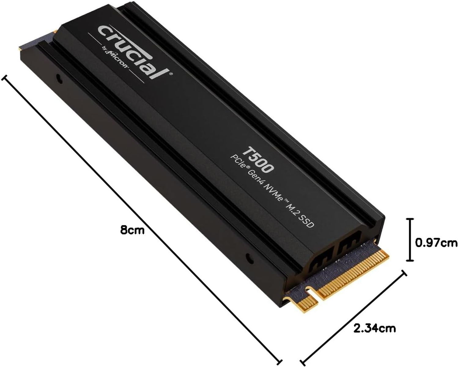 SSD Crucial negra sobre fondo blanco, con dimensiones.