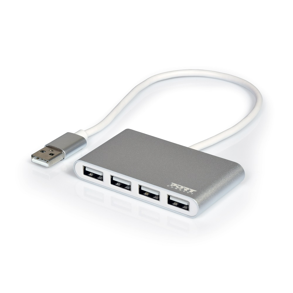 Un hub USB argentato con quattro porte, collegato a un connettore USB tramite cavo bianco.