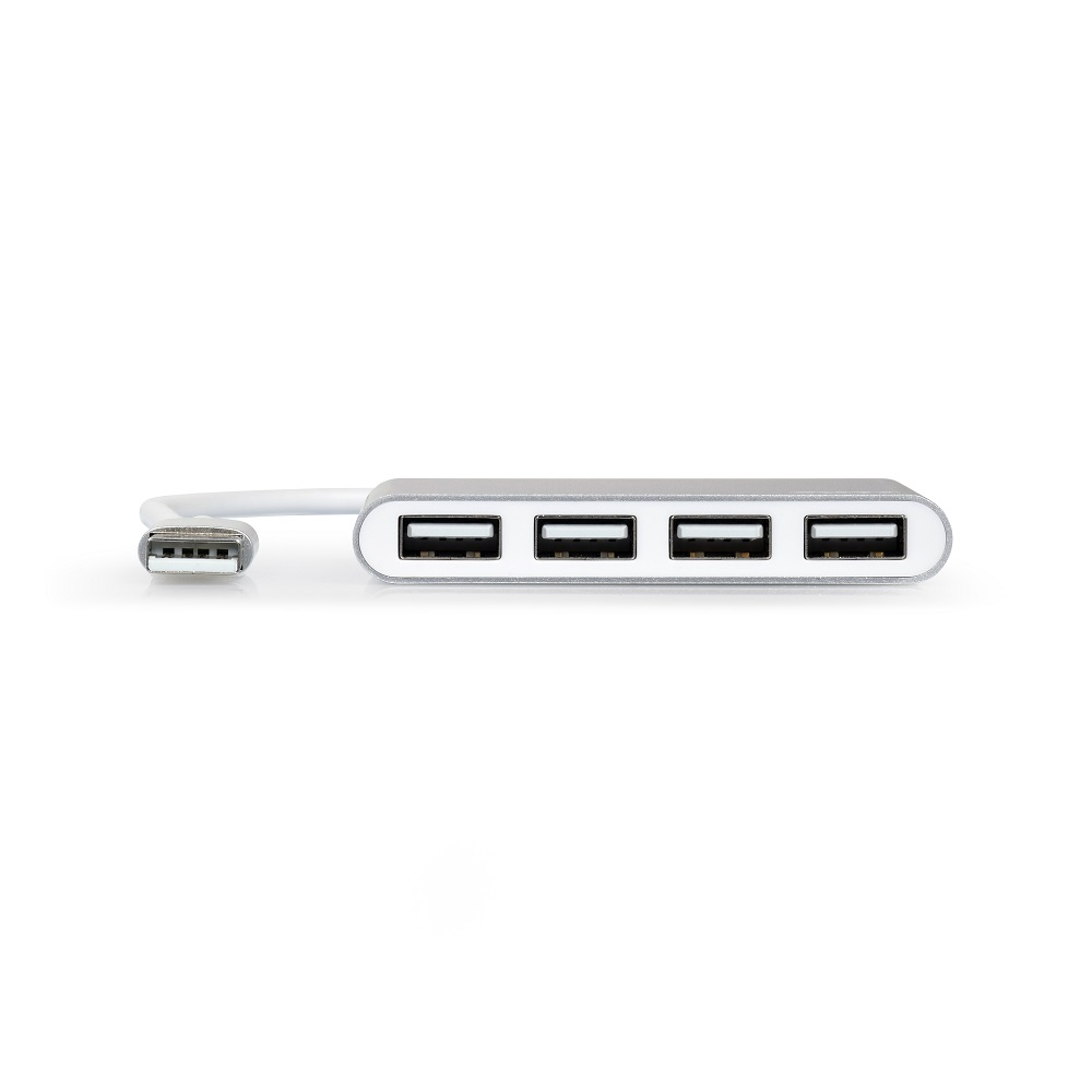 Hub USB argento con quattro porte USB e un cavo corto con connettore USB.