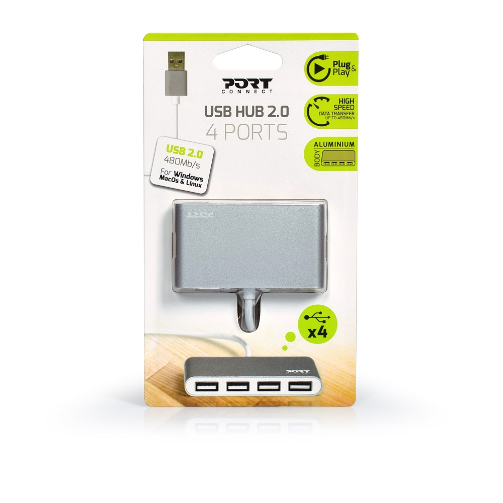 Hub USB con quattro porte, argento, nella confezione, su sfondo bianco.