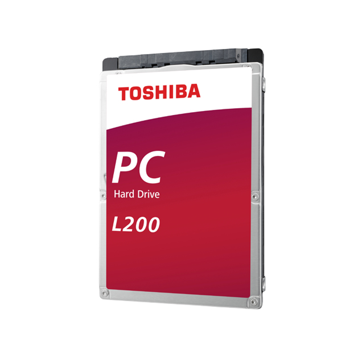 Eine Toshiba PC Festplatte L200 mit einem roten und weißen Etikett auf weißem Hintergrund.