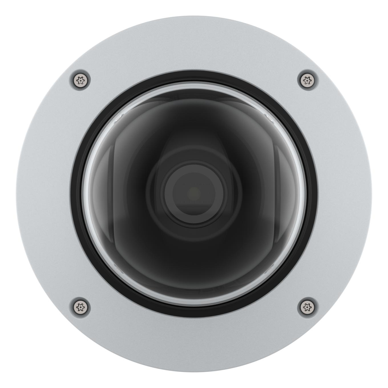 Okrągła kamera bezpieczeństwa, srebrna ramka, czarna kopuła. Widoczne cztery śruby.