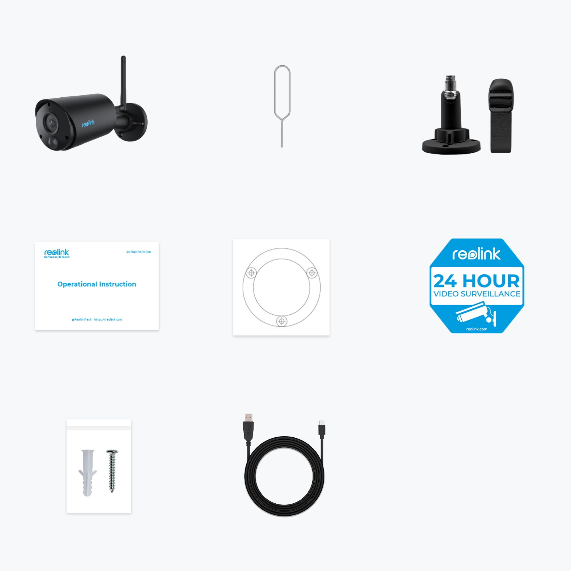 Zestaw komponentów i akcesoriów do kamer bezpieczeństwa, w tym kamera, elementy montażowe i kable.
