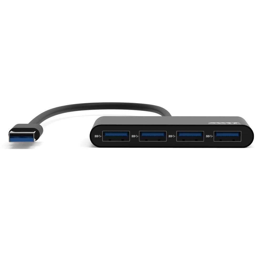 Ein schwarzer USB-Hub mit vier Anschlüssen, verbunden mit einem schwarzen Kabel. Es ist auf weißem Hintergrund.