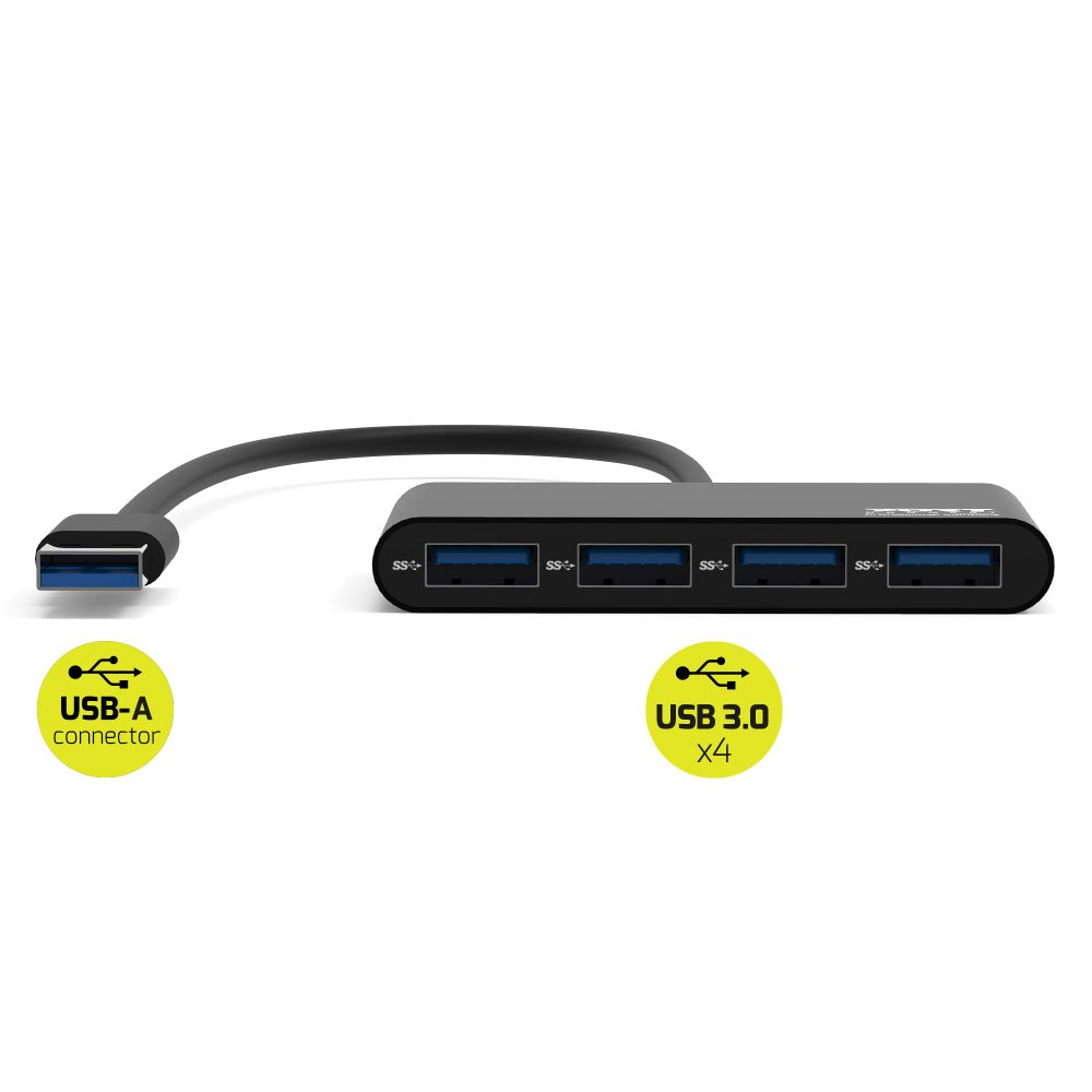Ein schwarzer USB-Hub mit vier Anschlüssen und einem USB-A-Anschluss vor einem weißen Hintergrund.