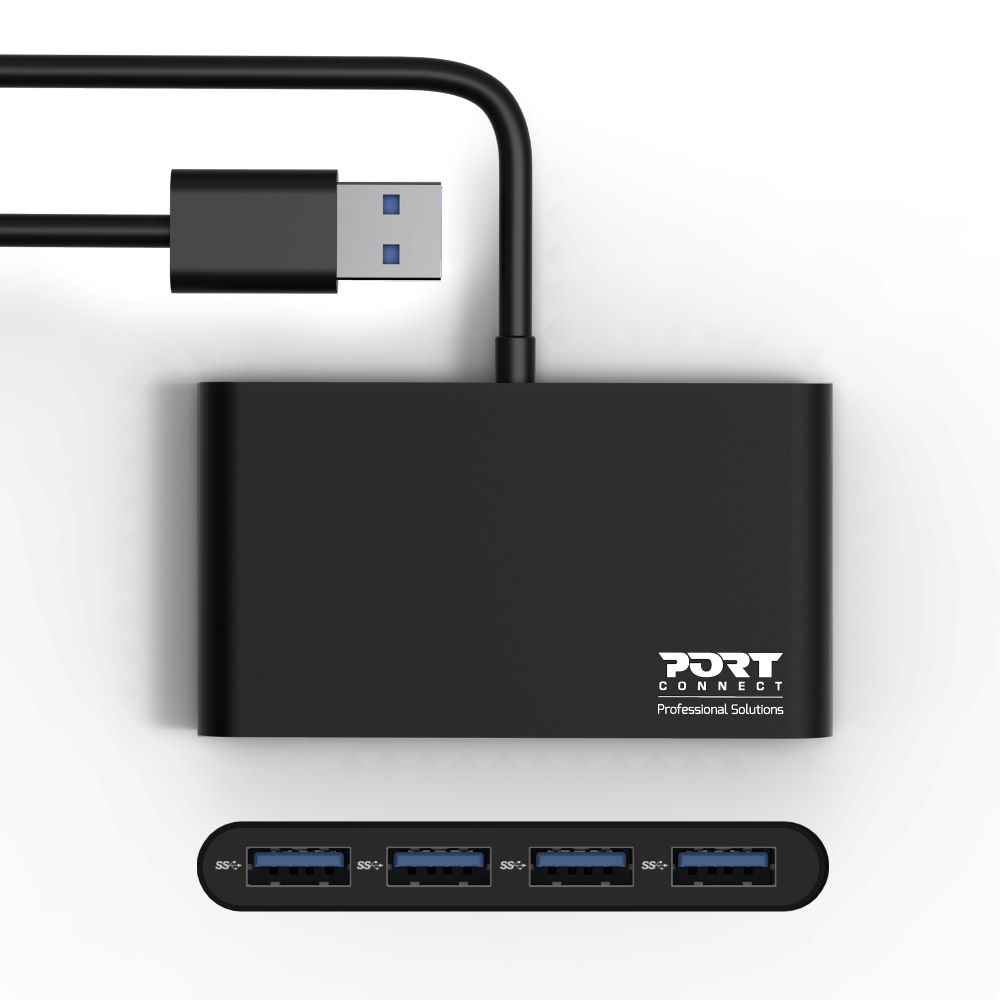 Schwarzer USB-Hub mit vier USB-Anschlüssen und einem angeschlossenen USB-Kabel.