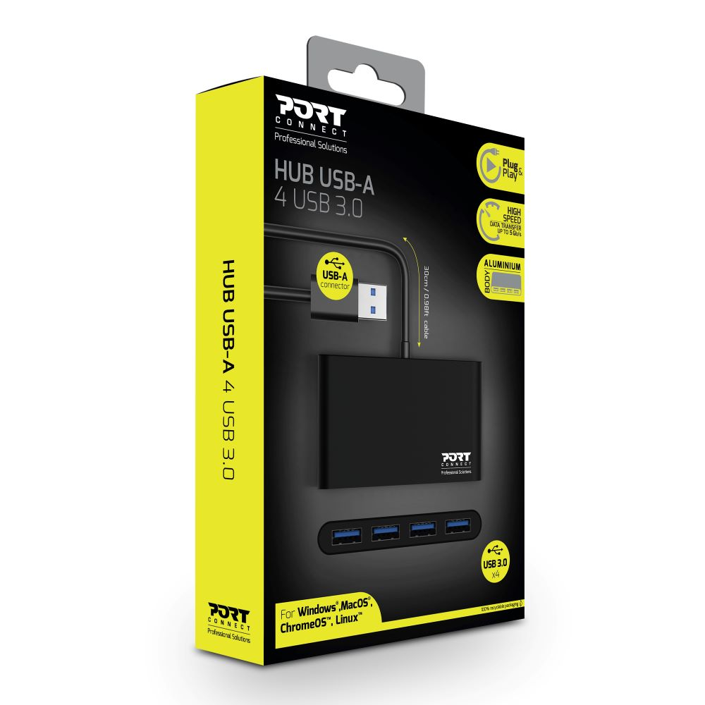 Ein schwarzer und gelber Port-USB-Hub vor weißem Hintergrund.