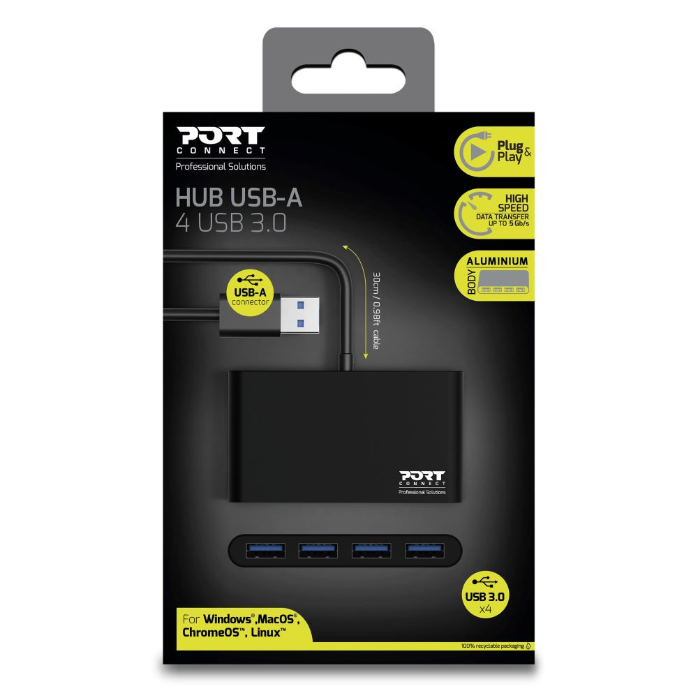 Schwarzer USB-Hub mit vier USB 3.0-Anschlüssen, verpackt in einer schwarzen Box mit Produktdetails.
