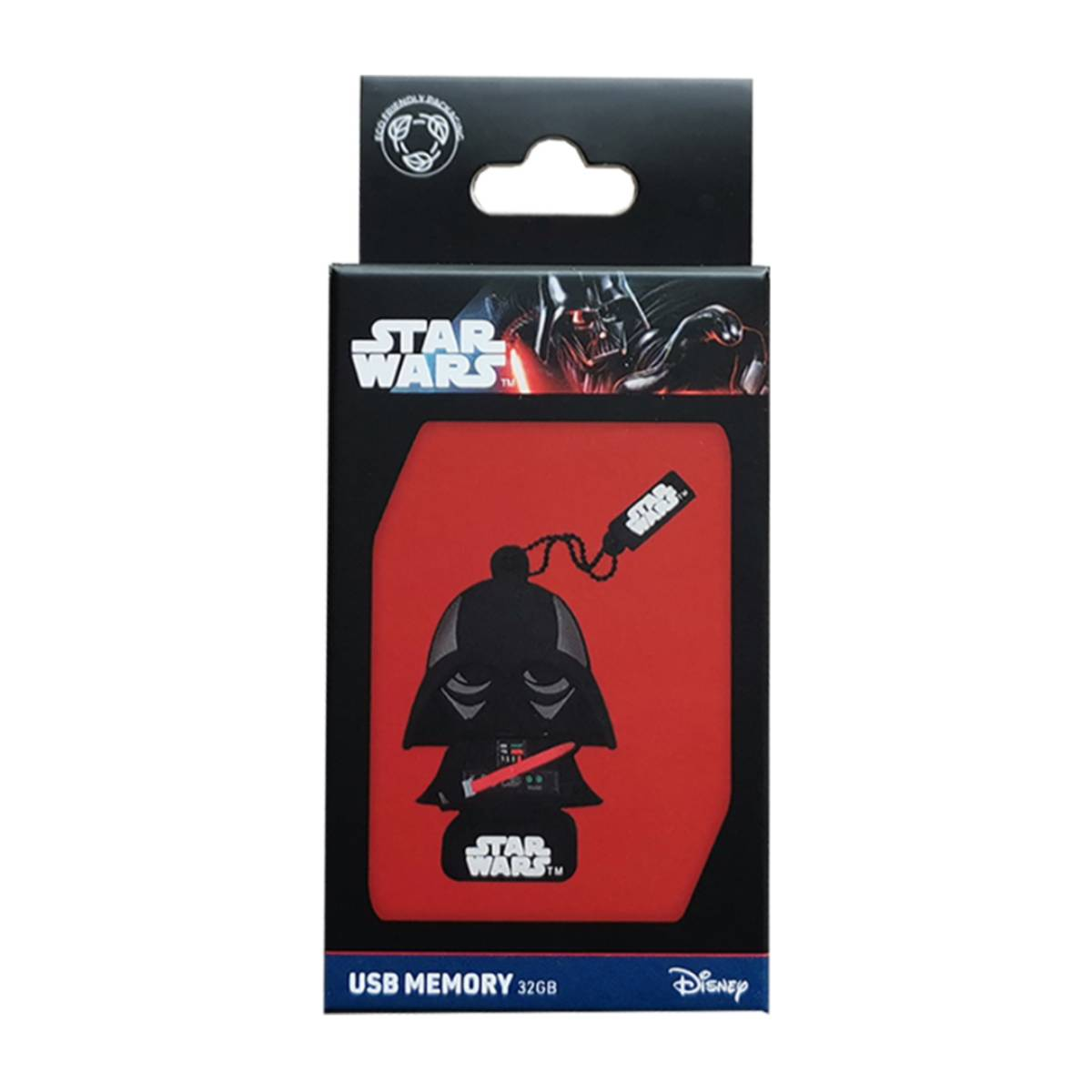 Ein USB-Speicherstick in Form von Darth Vader. Es ist in einer Star Wars Themenbox verpackt.